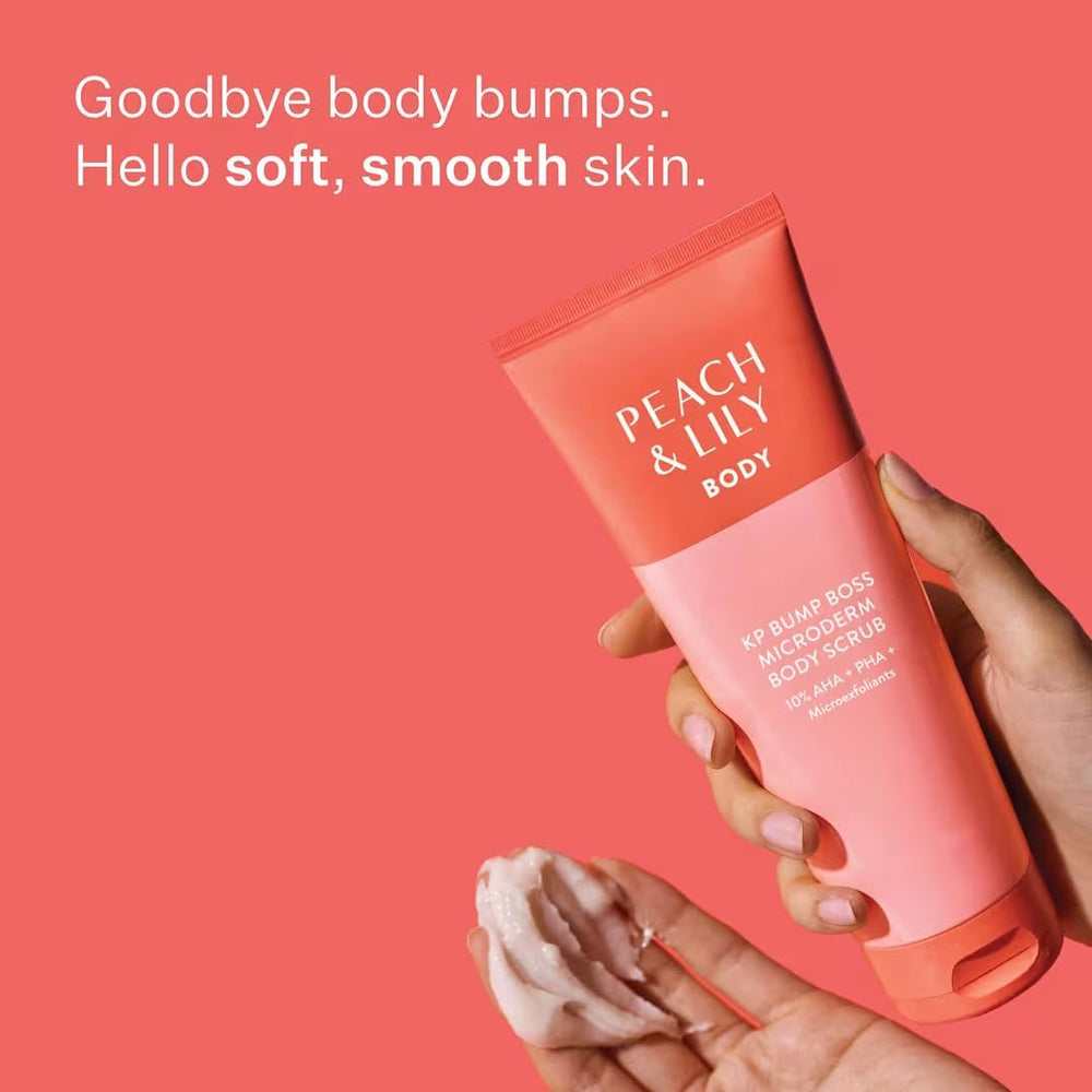 Peach & Lily KP Bump Boss jar close-up highlighting microcrystal scrub texture for KP bumps