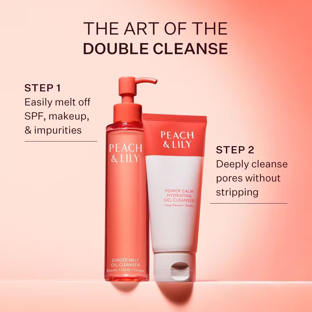 Peach & Lily Power Calm used in AM and PM routines for gentle cleansing.