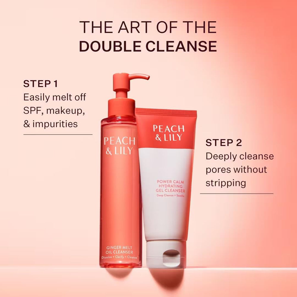 Peach & Lily Power Calm used in AM and PM routines for gentle cleansing.
