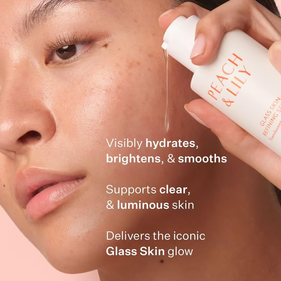 Peach & Lily serum swirled on skin reveals a dewy, plumped look.