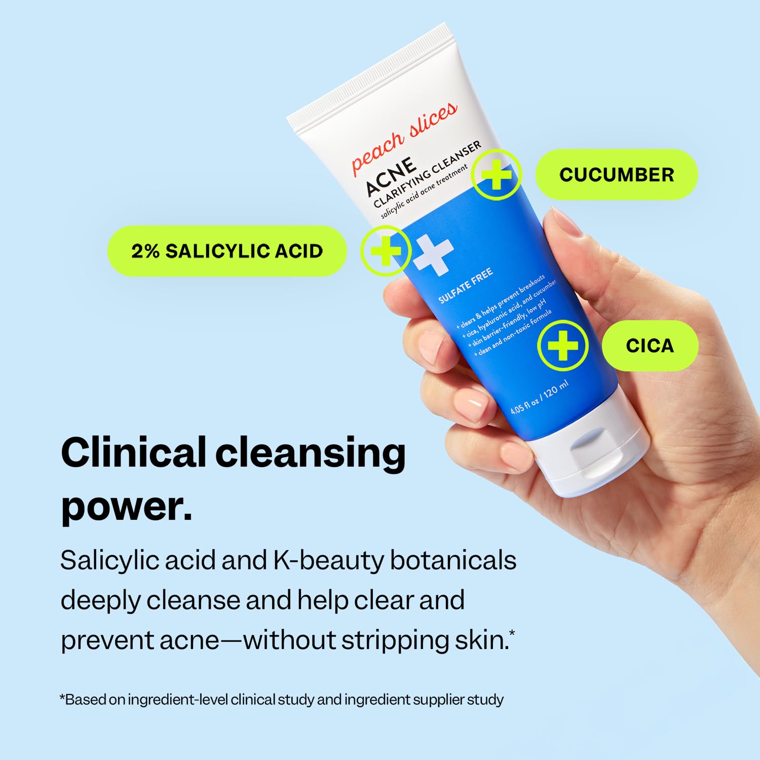 Peach Slices botella-acne-clarificante: close-up de la fórmula 2% salicílico para poros limpios