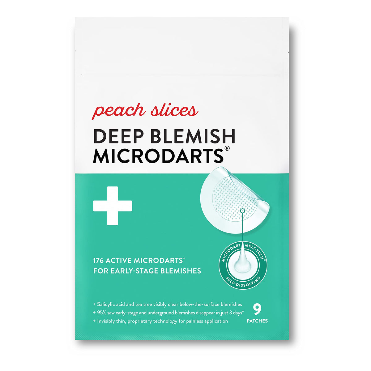 Peach Slices Deep Blemish Microdarts patch on skin for early-stage pimple support.