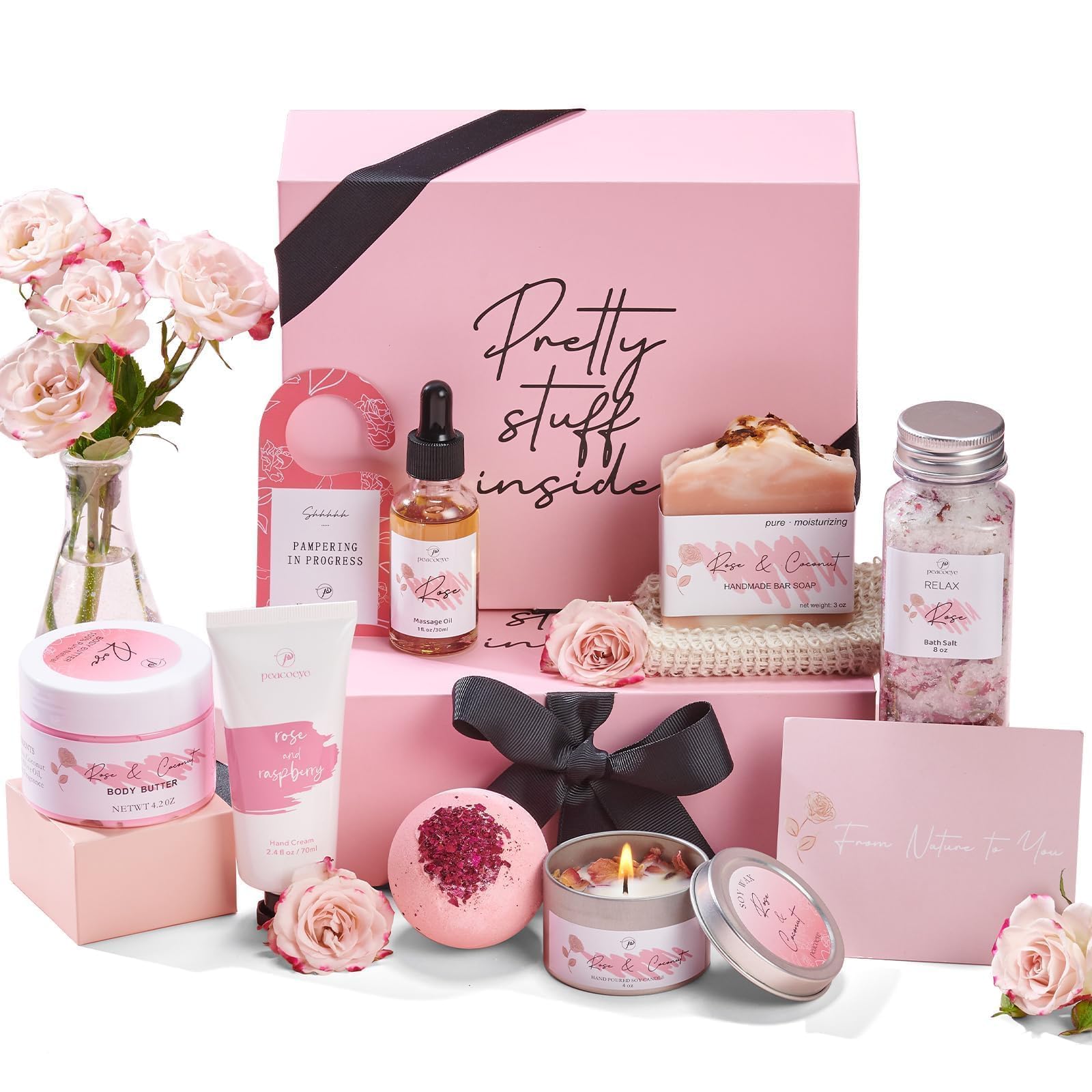 Peacoeye caja-regalos-spa con vela rosa y sales para relajación en casa.