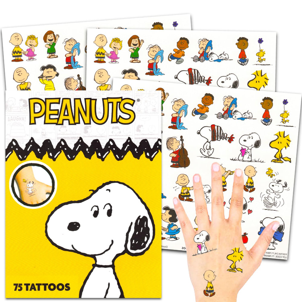 Peanuts temporary tattoos sheet featuring Charlie Brown and Snoopy, ideal for party favors