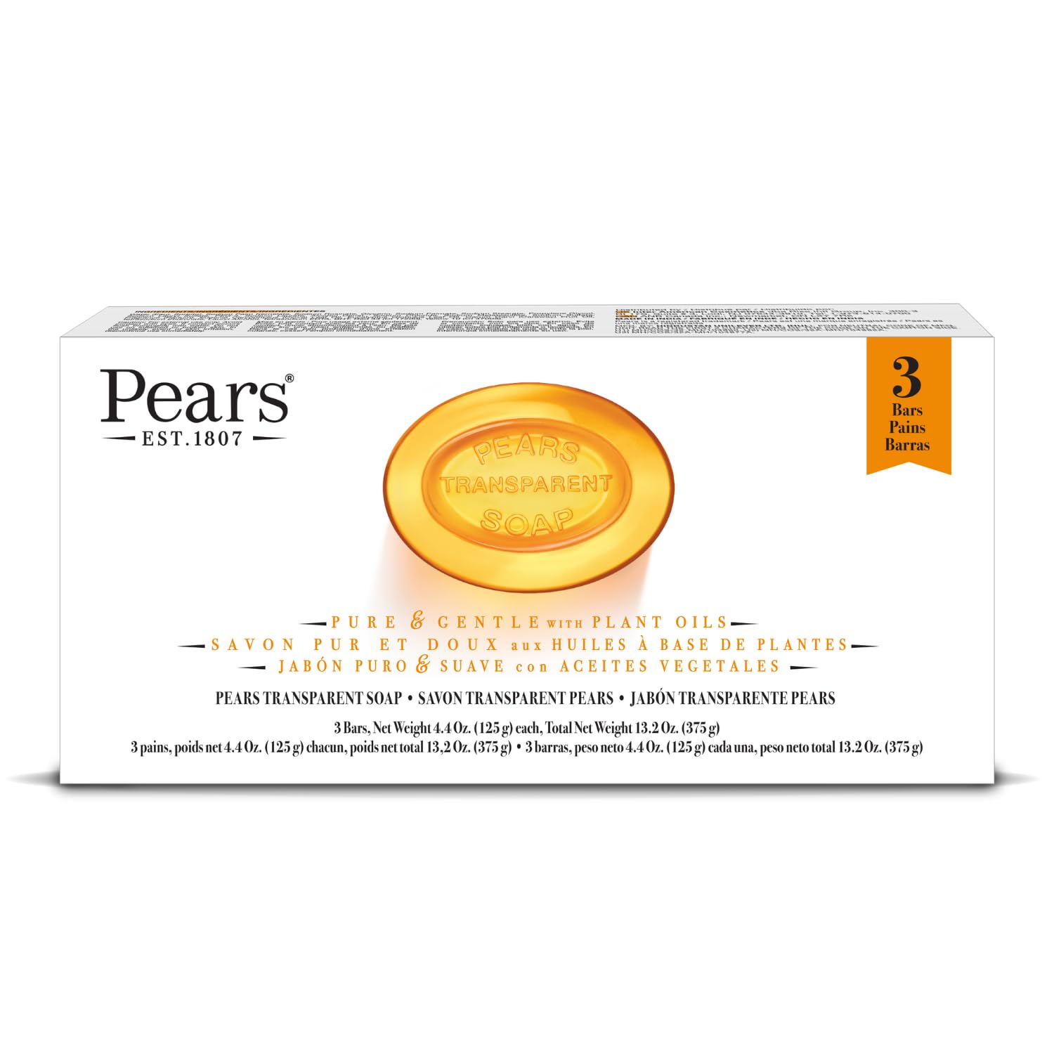 Pears Jabón glicerina: barra transparente ámbar para limpieza suave y humedad.