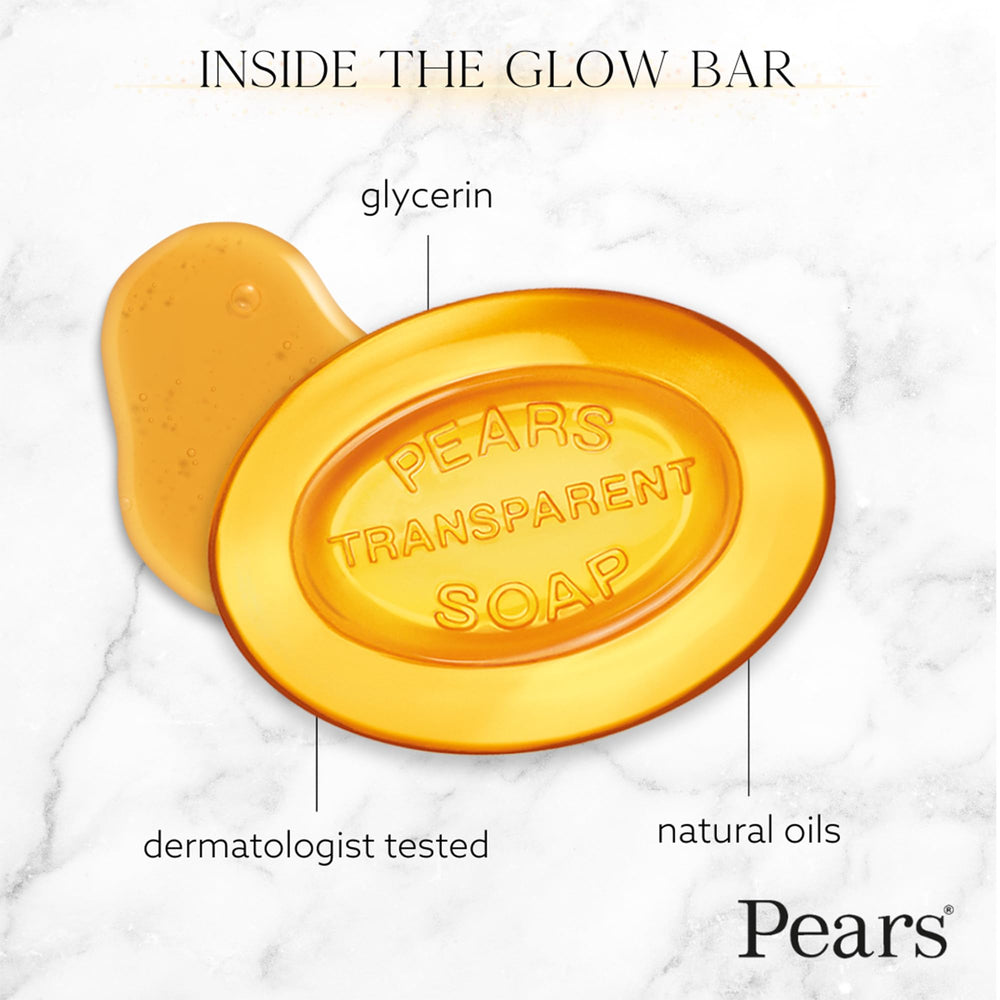 Pears jabón ámbar con aceites naturales para hidratación suave.