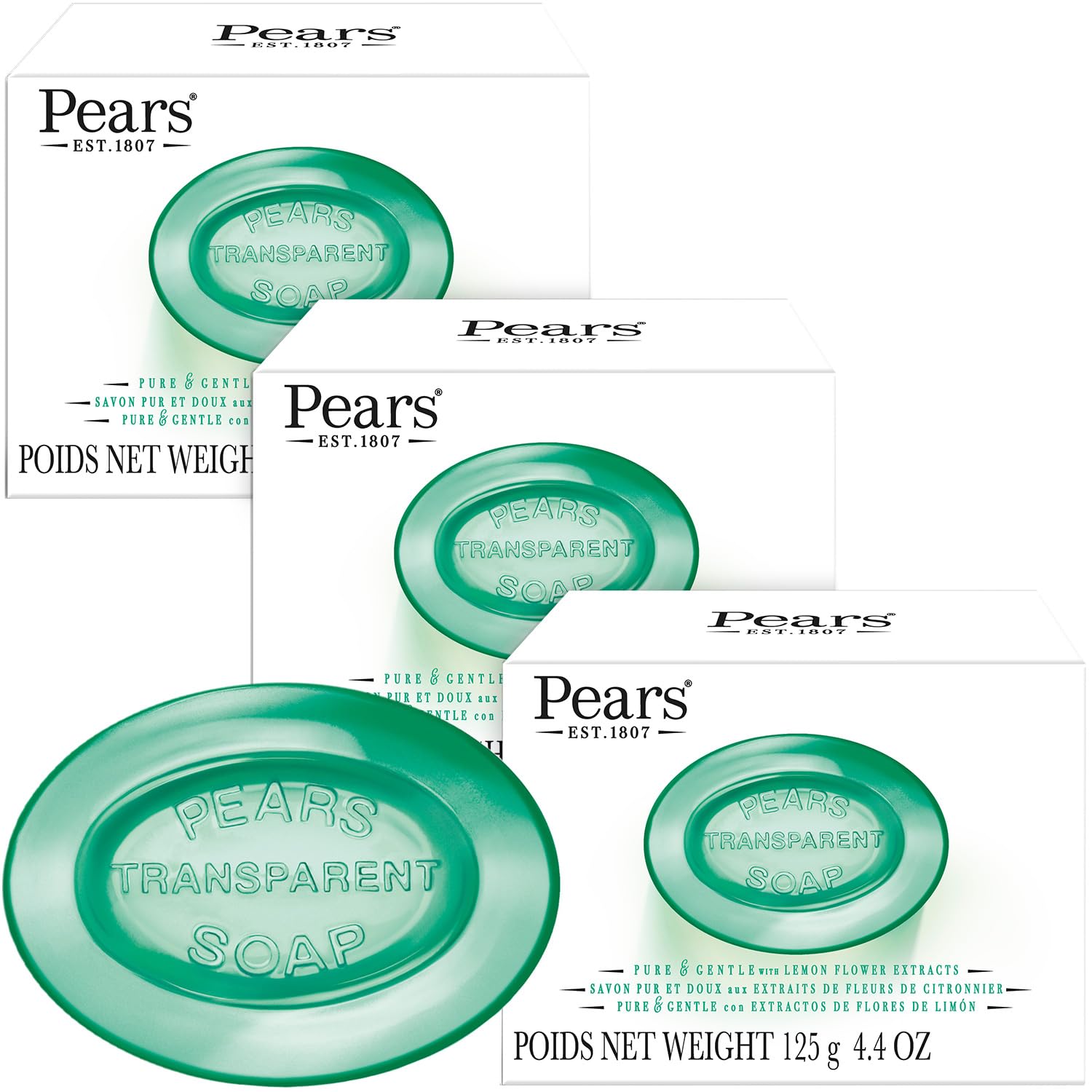 Jabón Pears transparente y verde en frente, promesa de piel suave
