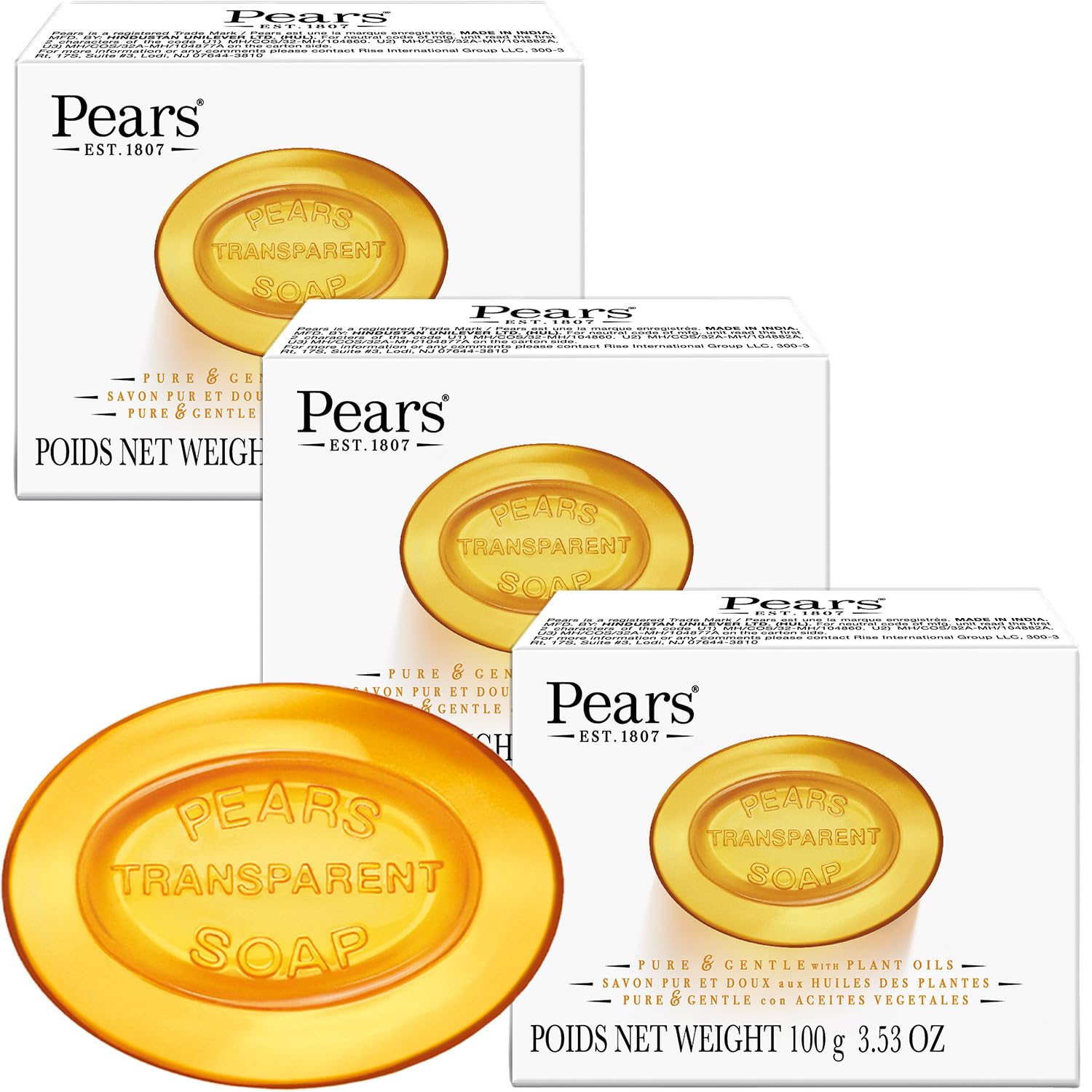 Pears soap translucent amber glycerin bar; highlights hydration and purity.