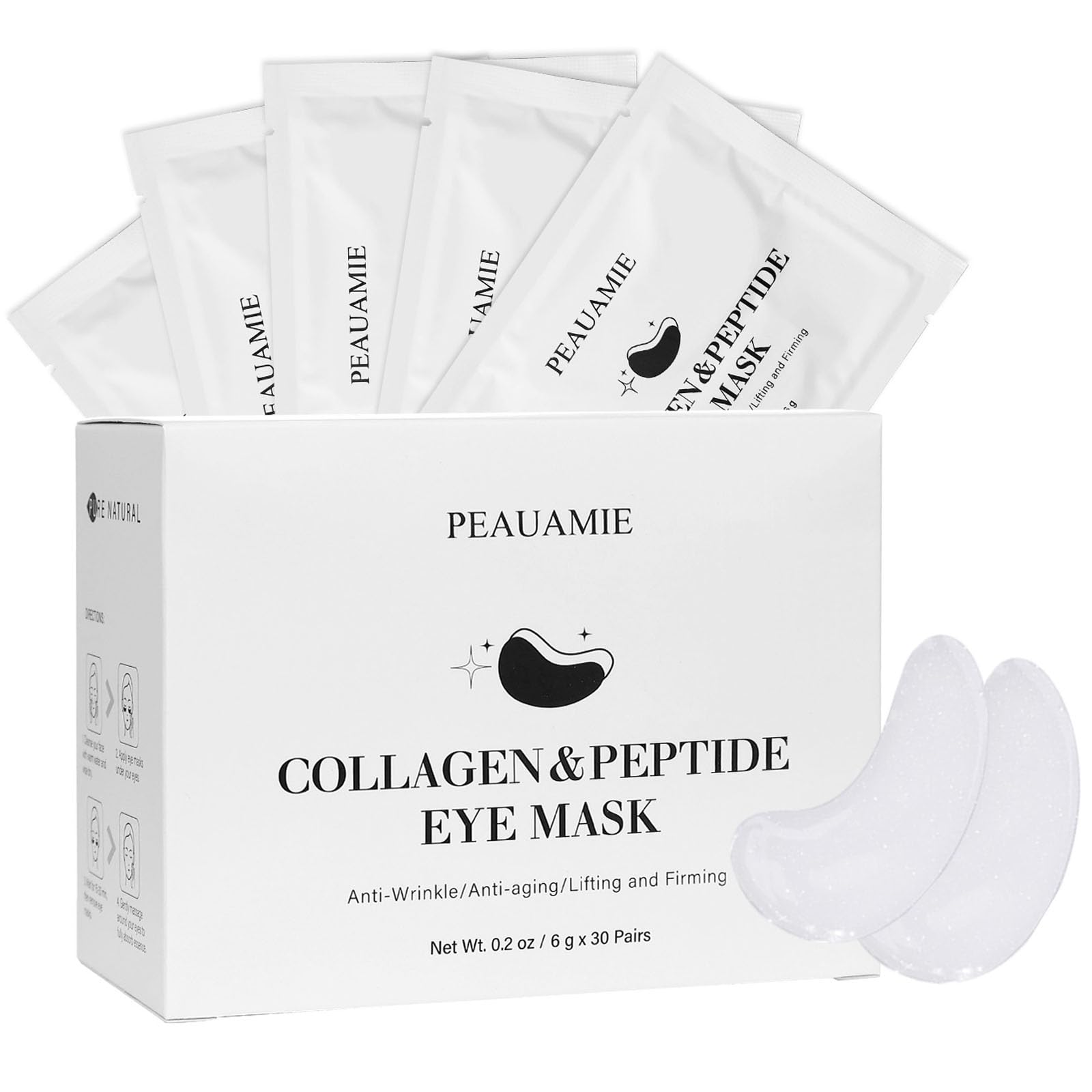 PEAUAMIE under-eye patches with collagen and peptides for a refreshed look.