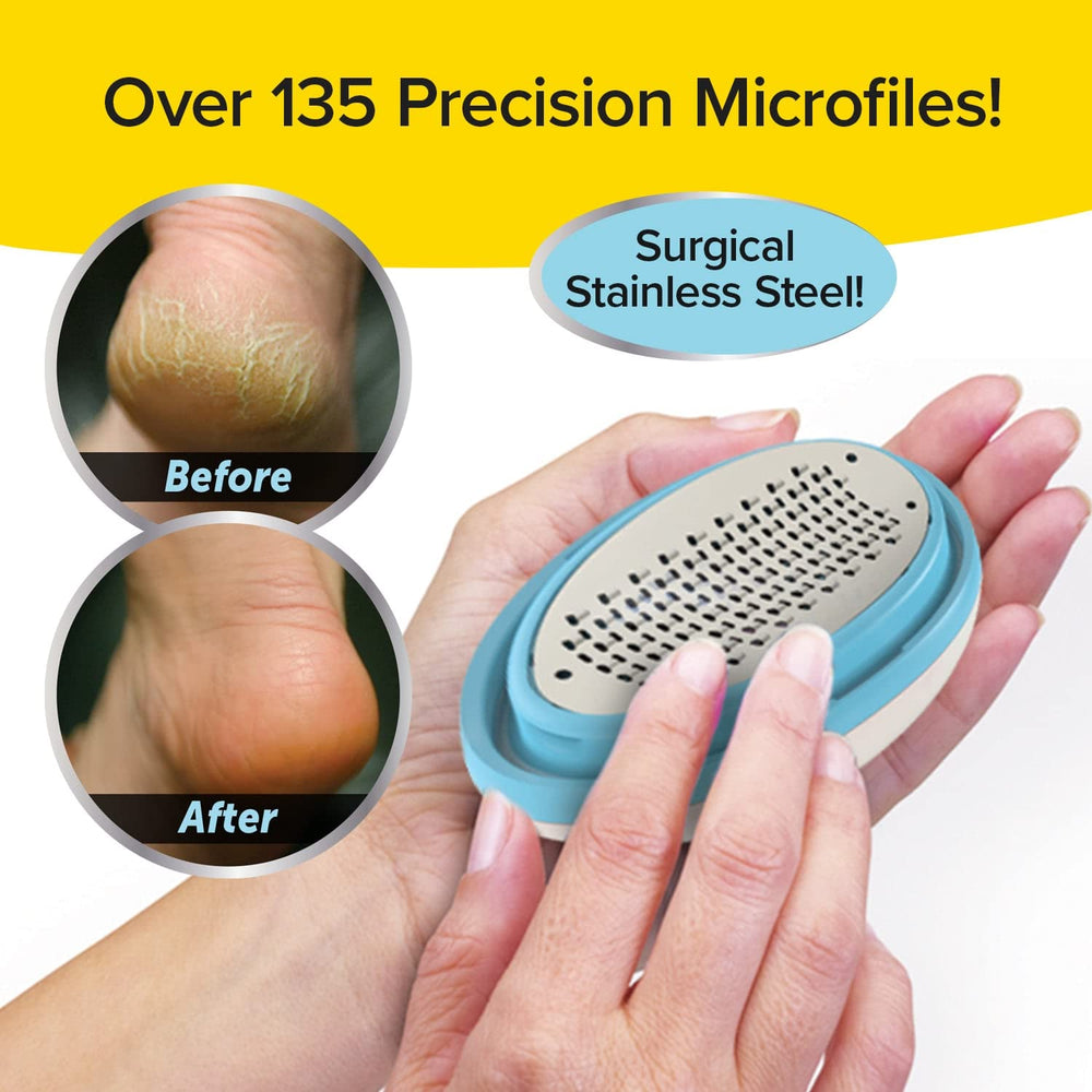 135 micro-blades gently remove dry skin to reveal smoother feet beneath.
