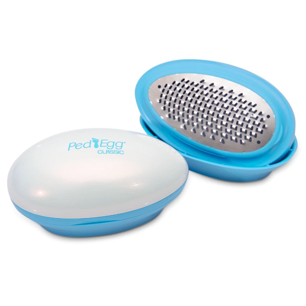 PedEgg Classic exfoliator with built-in cup traps shavings for mess-free foot care.