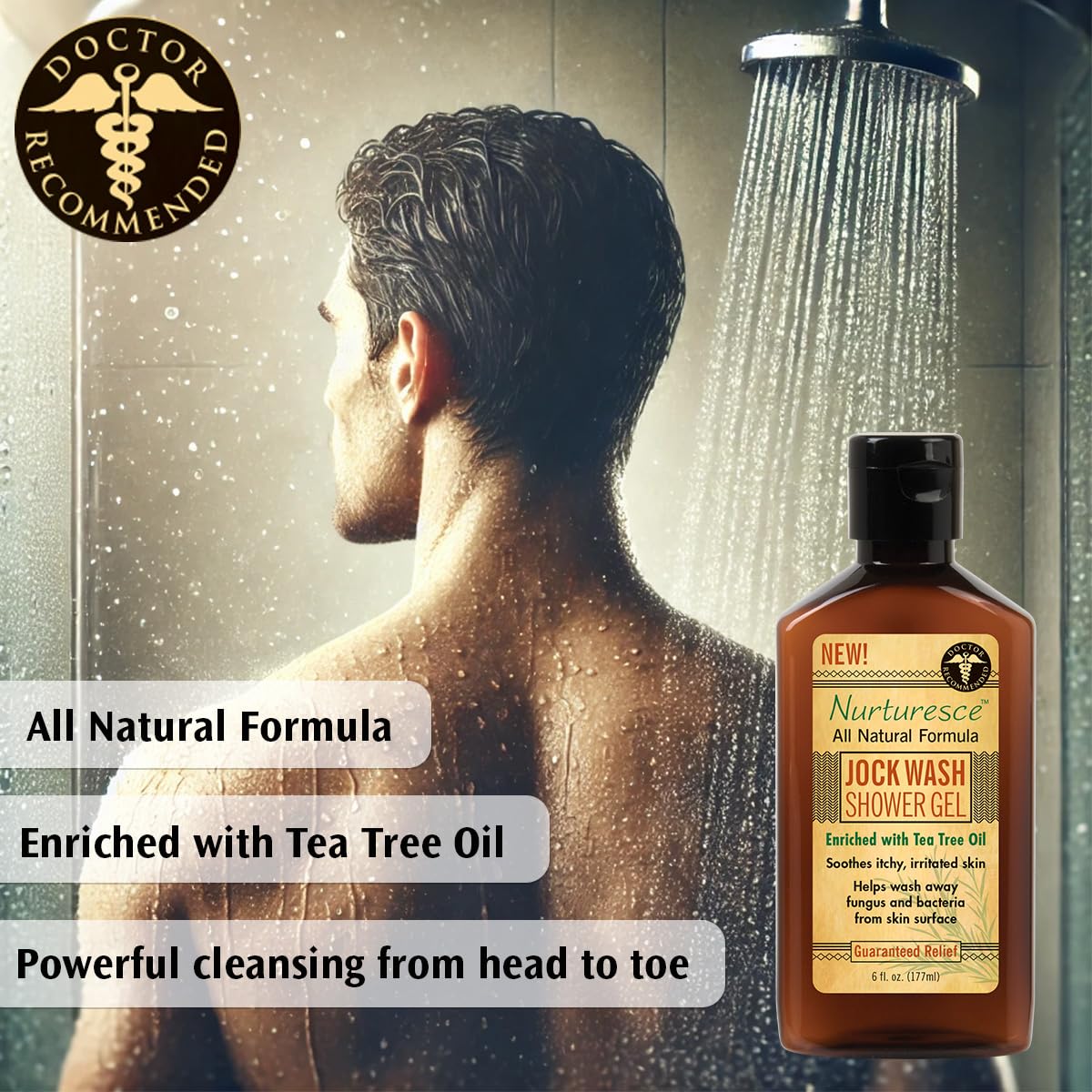 Pedifix Nurturesce Jock Wash aroma herbal para sensación fresca tras la ducha.