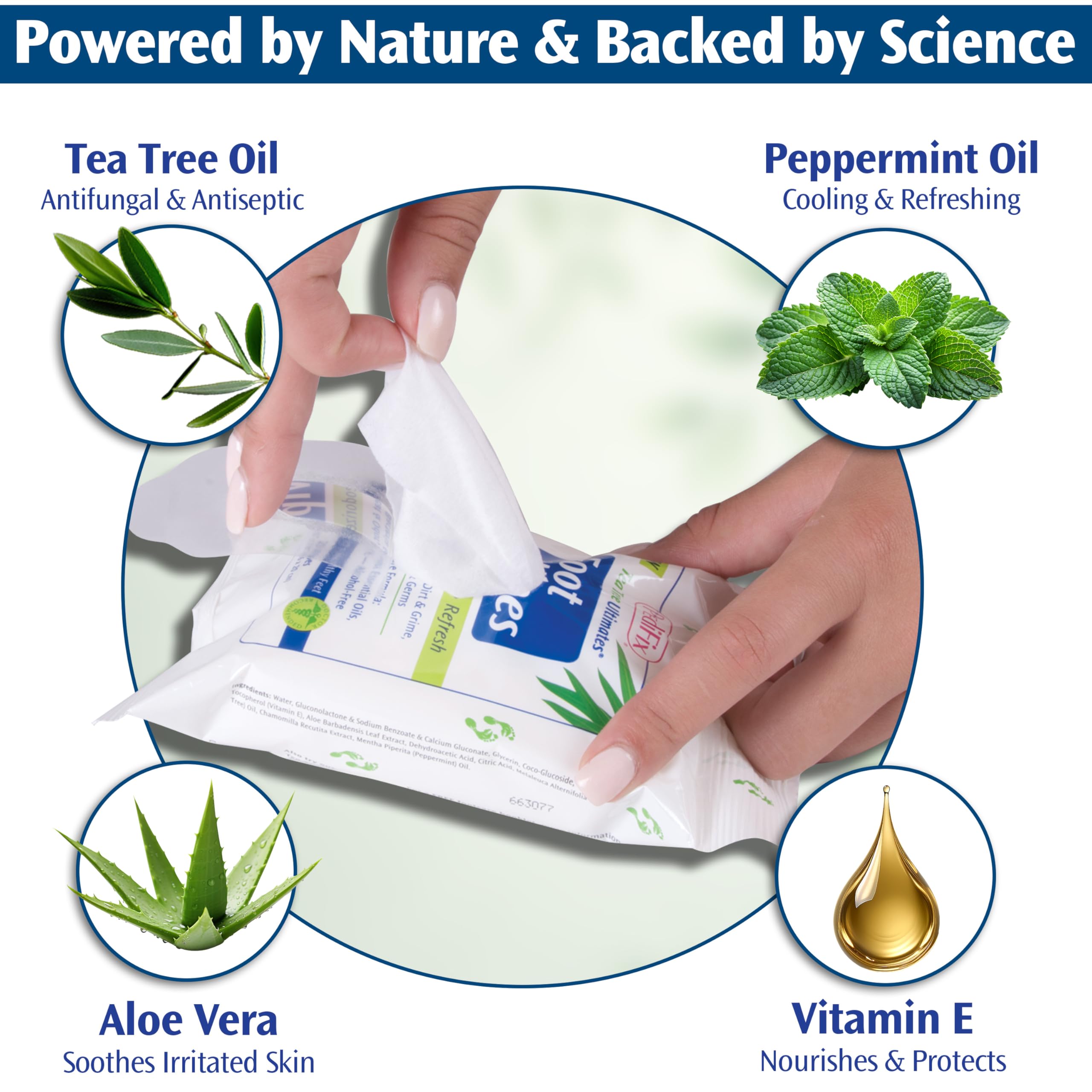 Pedifix Tea Tree Ultimates Foot Wipes single-wipe close-up showing cleansing action