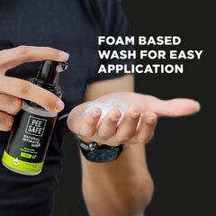 Pee Safe Jabon Íntimo Hombre, primer plano de la textura y espuma suave.
