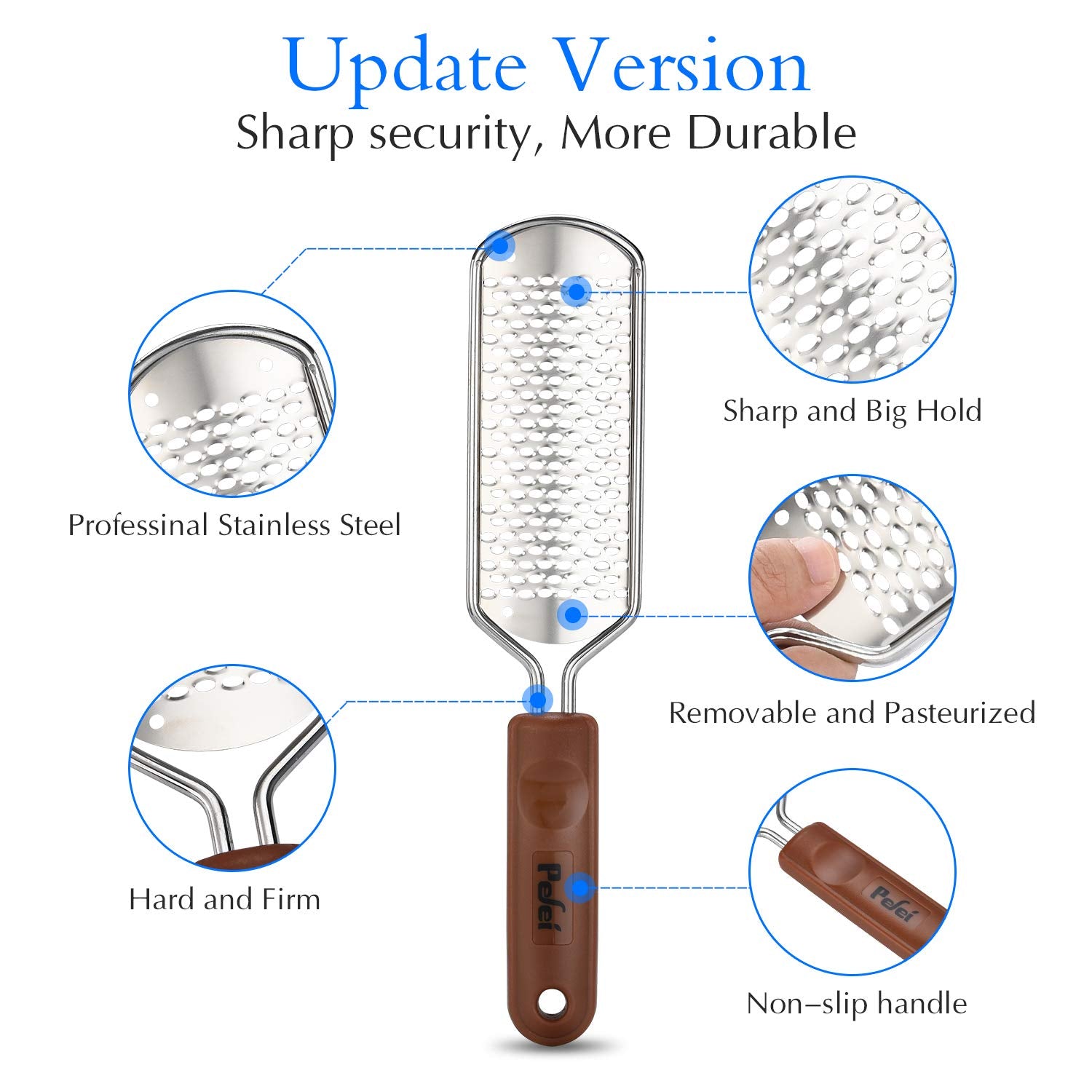 Pefei Colossal Stainless Steel Foot Scrubber removes hard skin effectively.