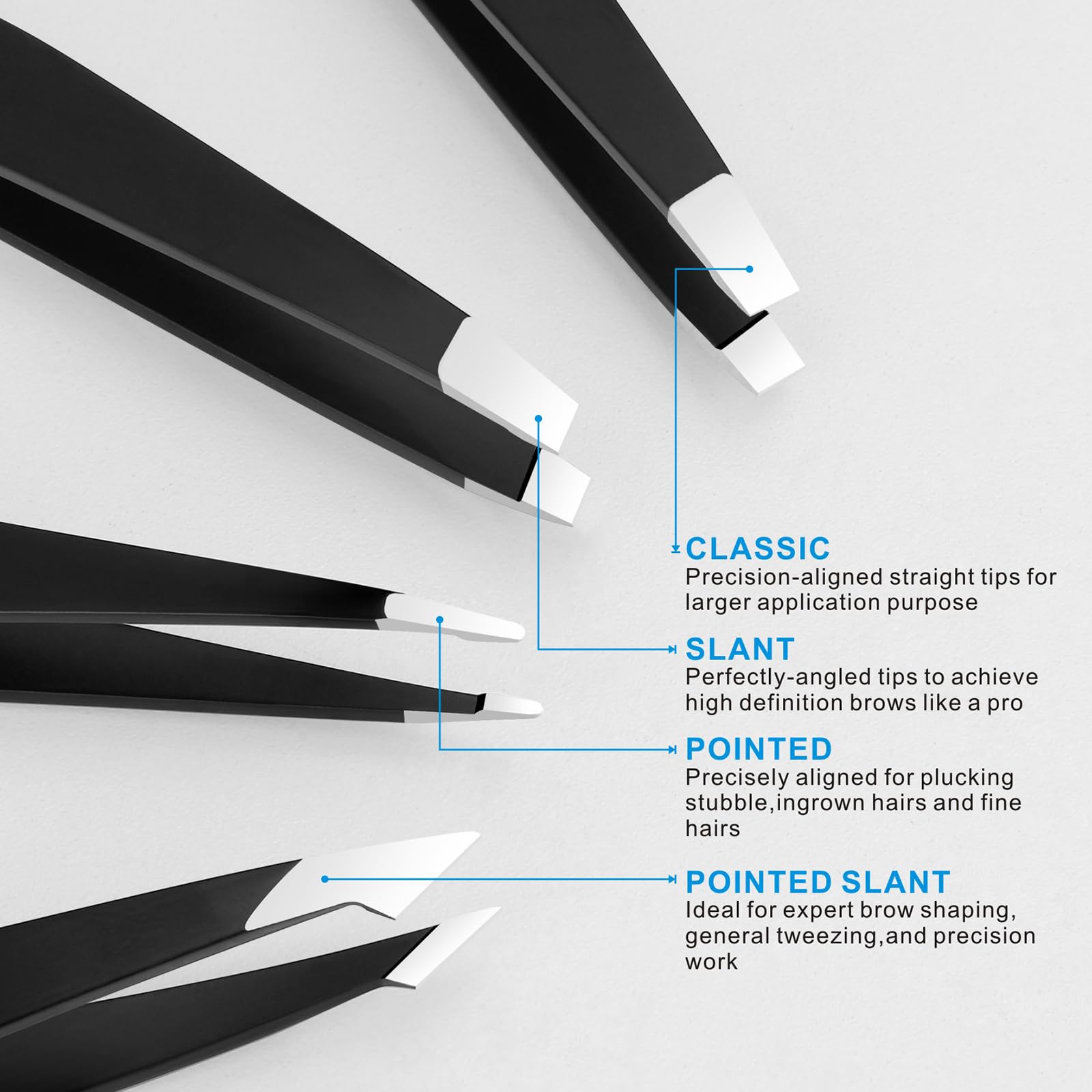 Pefei pointed tweezers for fine hair and steady precision.
