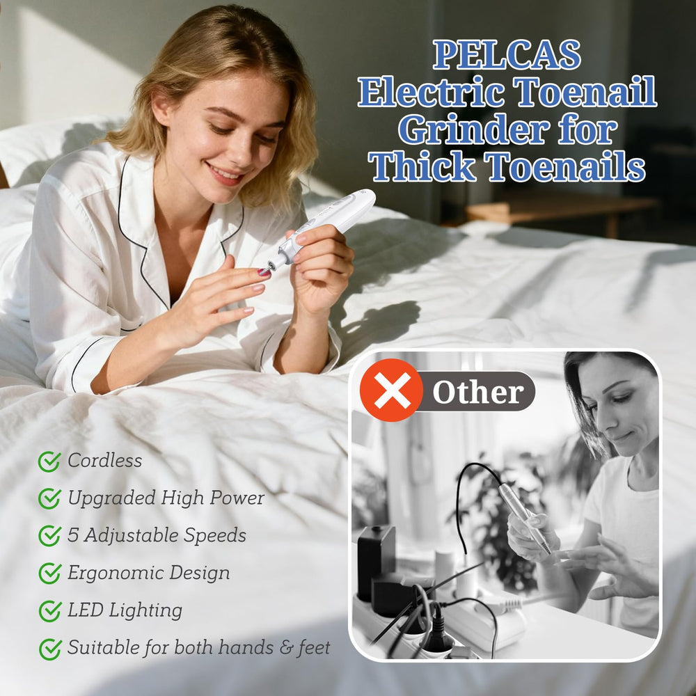 PELCA S cordless nail drill enabling easy use on thick nails.
