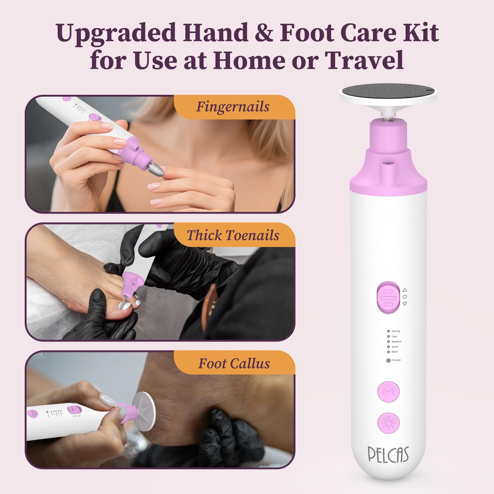PELCAS LED-lit nail file for precise edge work during nail care.