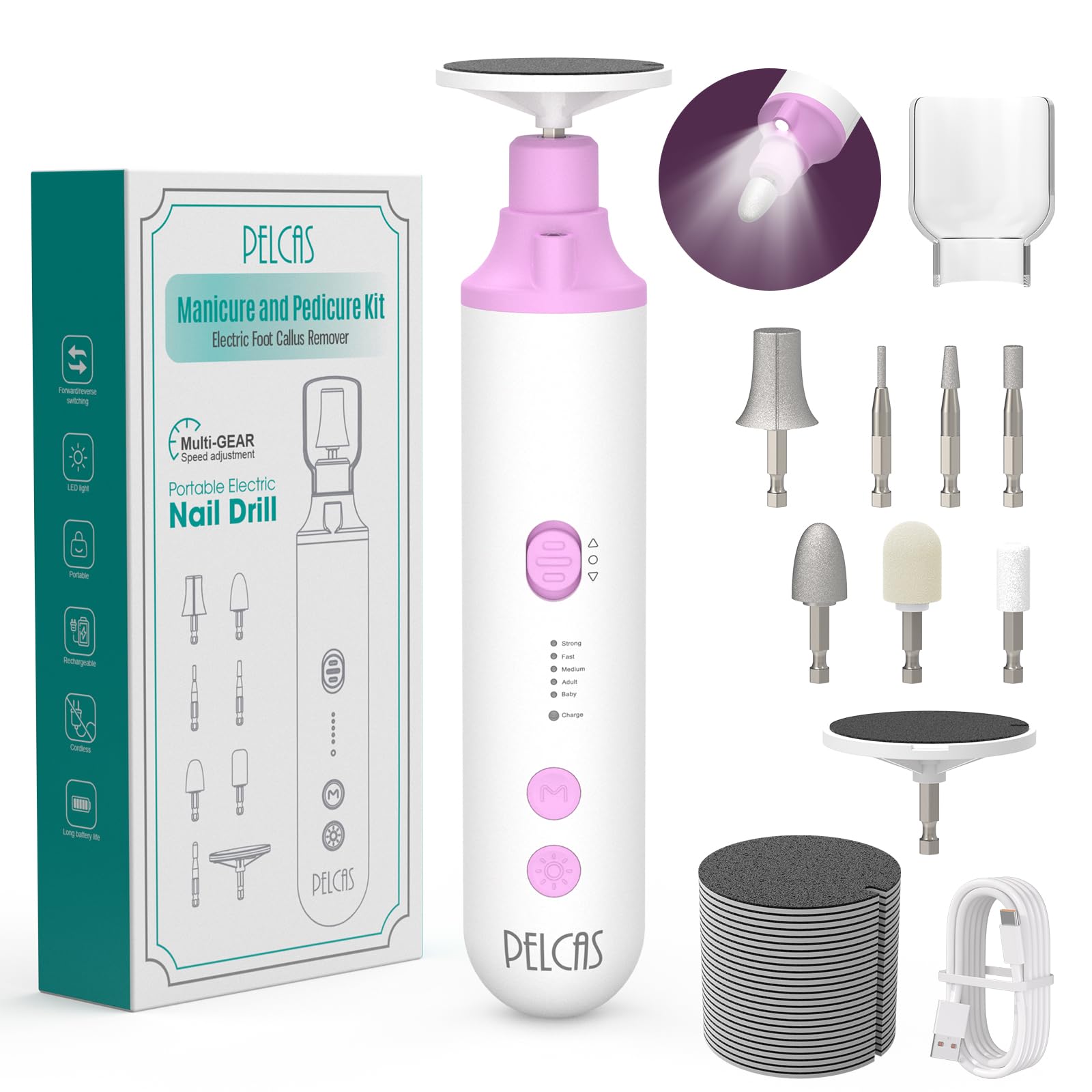 PELCAS 8-in-1 toenail grinder kit for at-home pedicures with versatile drill bits.