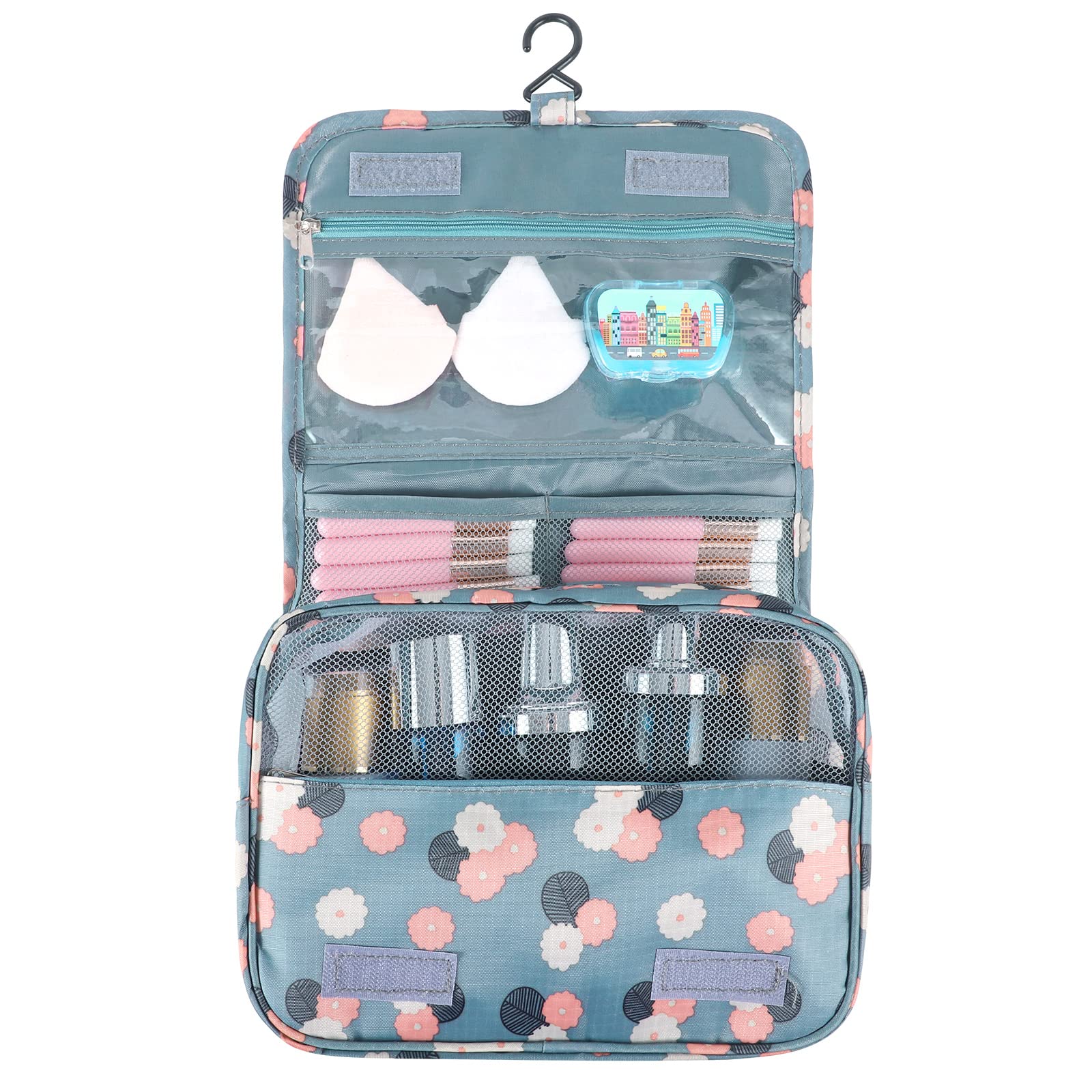 Pengxiaomei toiletry bag with built-in hook for easy hanging and space saving.