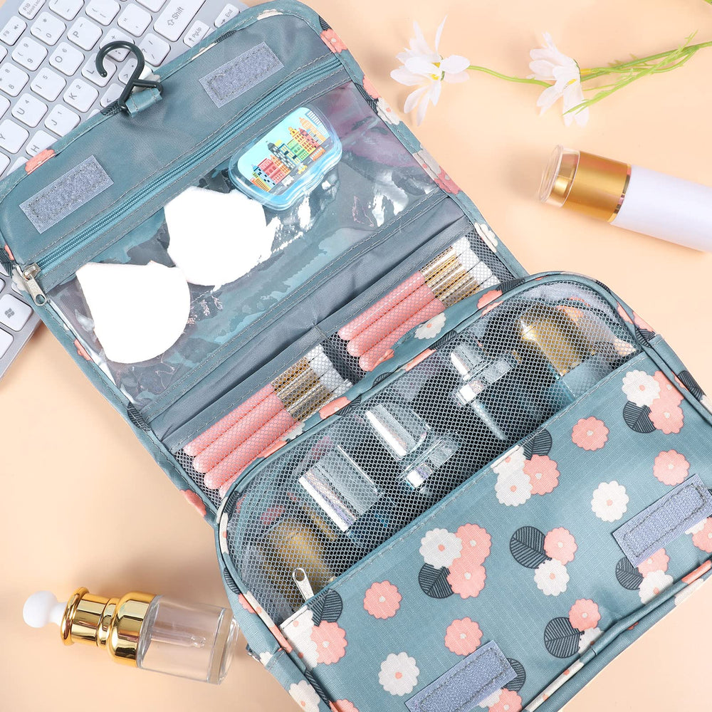 Pengxiaomei multi-purpose toiletry bag with organized compartments for lotions and shampoos.