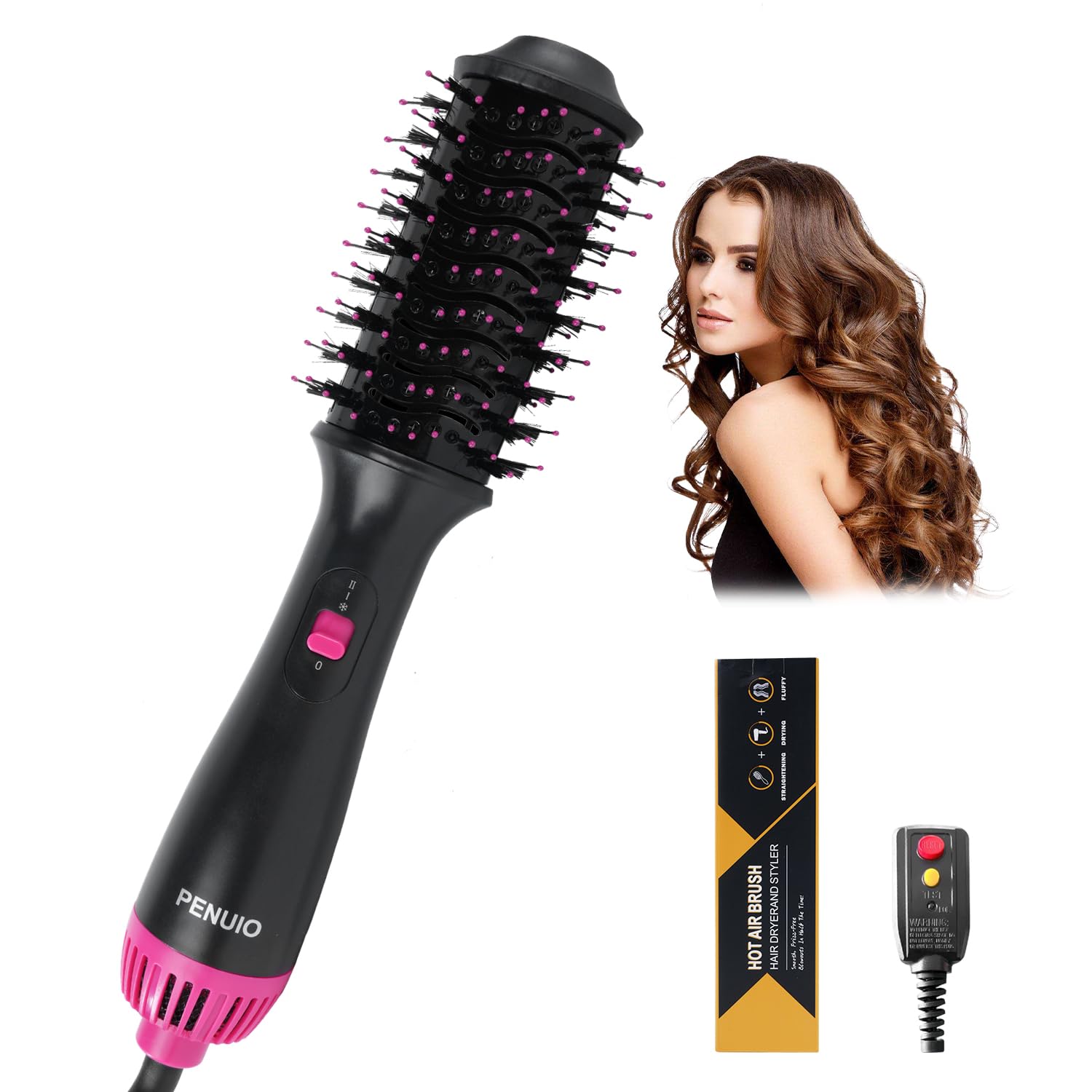 PENUIO hair dryer brush with compact oval barrel for quick, space-saving styling.
