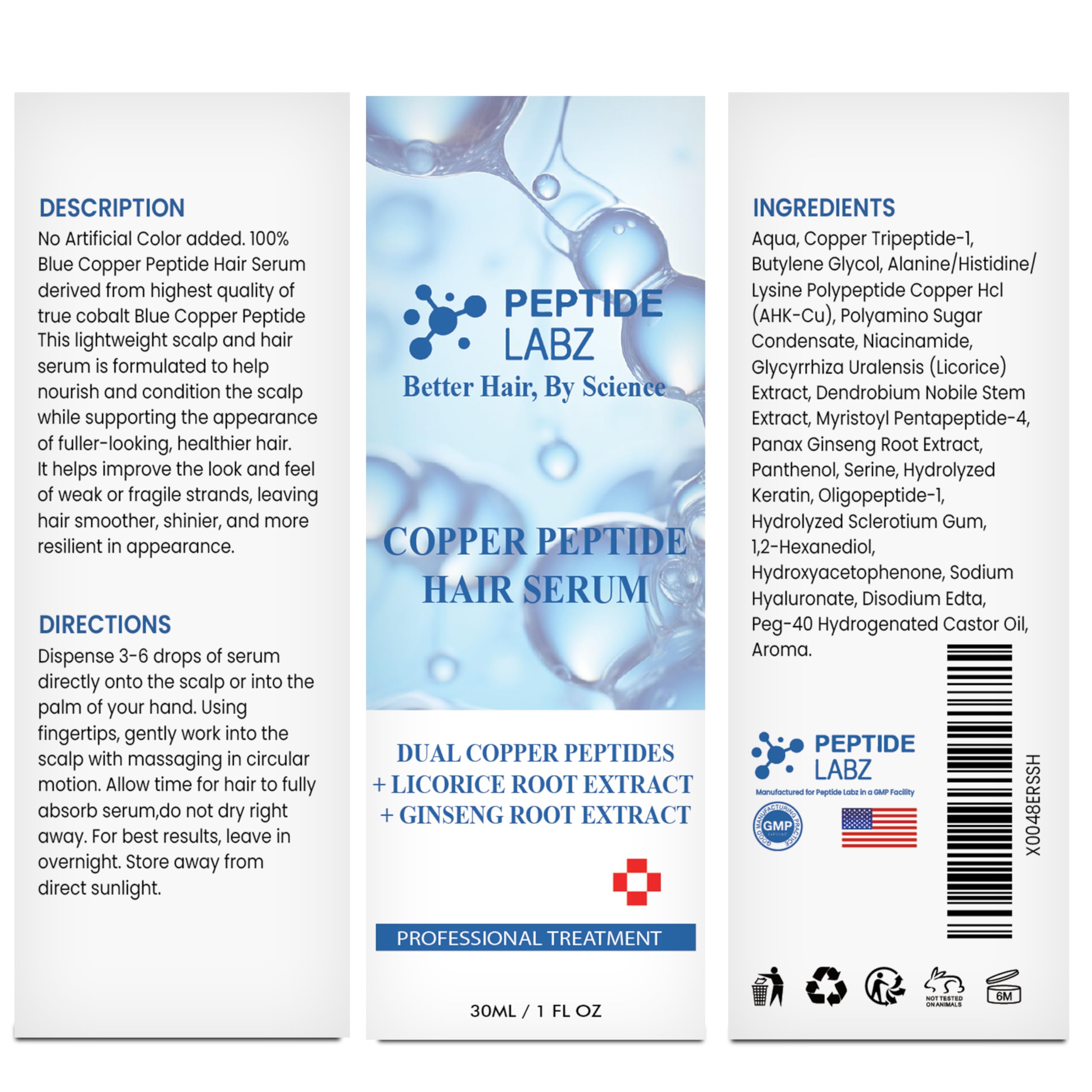 PeptideLabz product packaging box highlighting scalp treatment benefits.