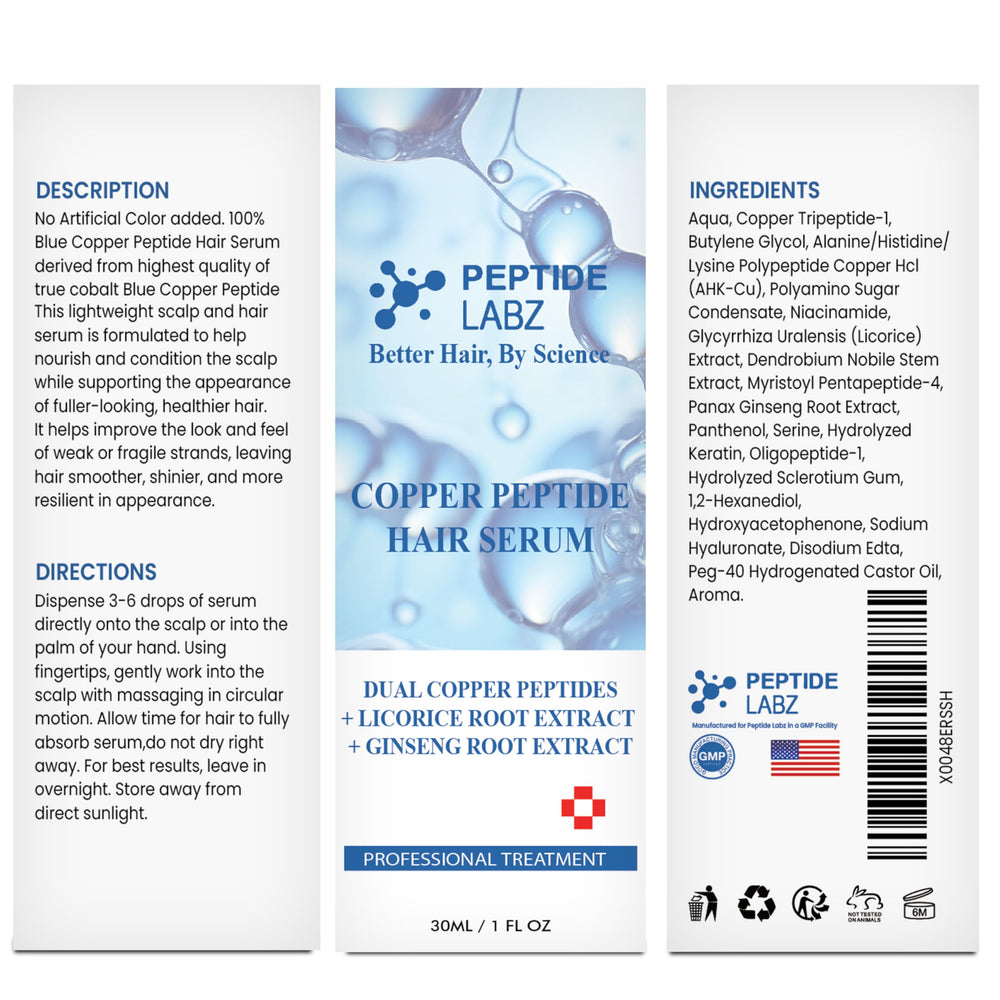 PeptideLabz product packaging box highlighting scalp treatment benefits.