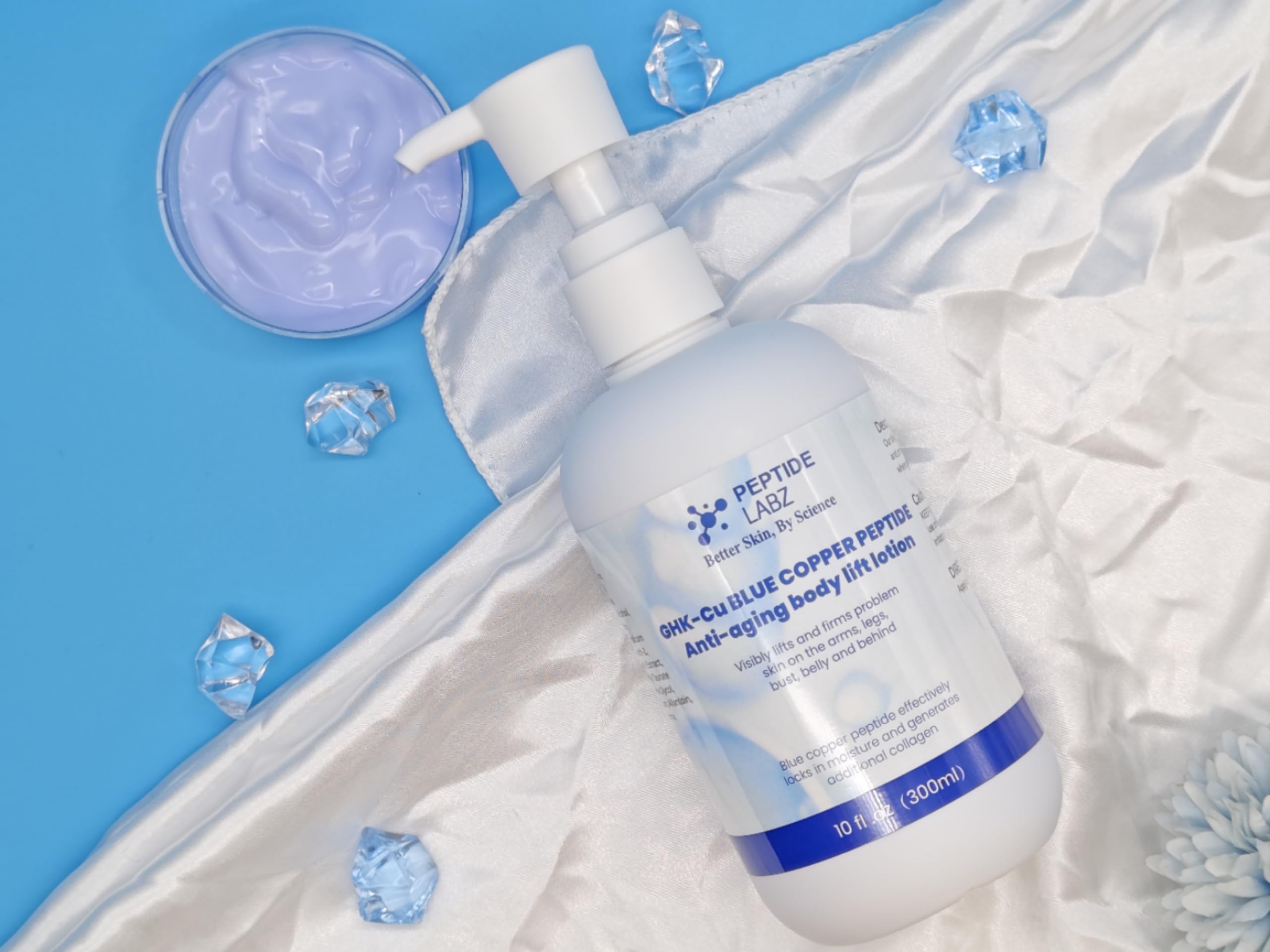 Science-inspired formulation label and texture close-up.