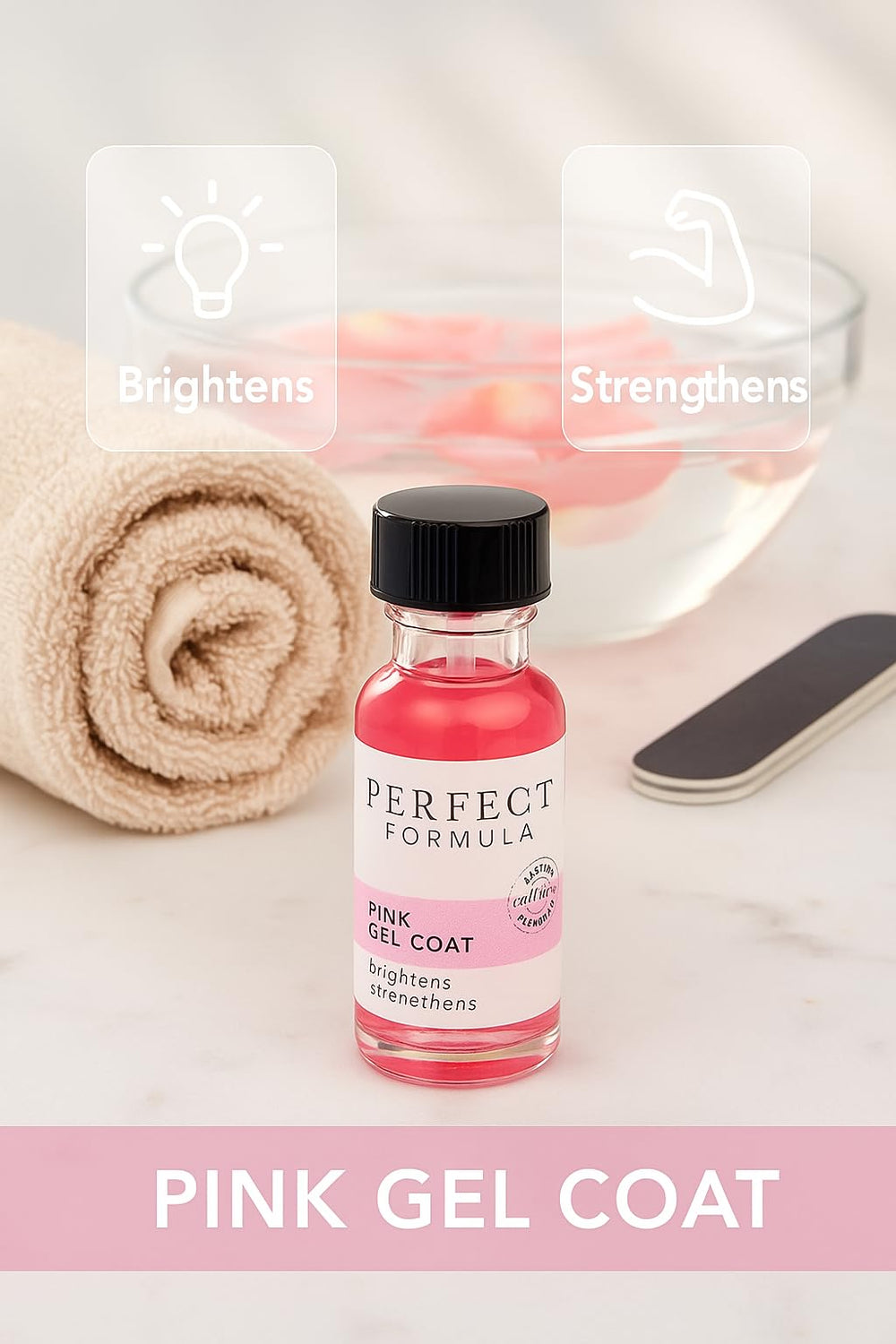 Perfect Formula Pink Gel Coat top coat delivers high-gloss, long-wearing protection.