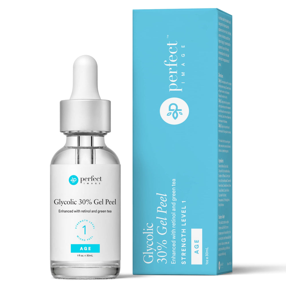 Perfect Image Glycolic 30% bottle pour demonstrates controlled application for a professional-grade peel.