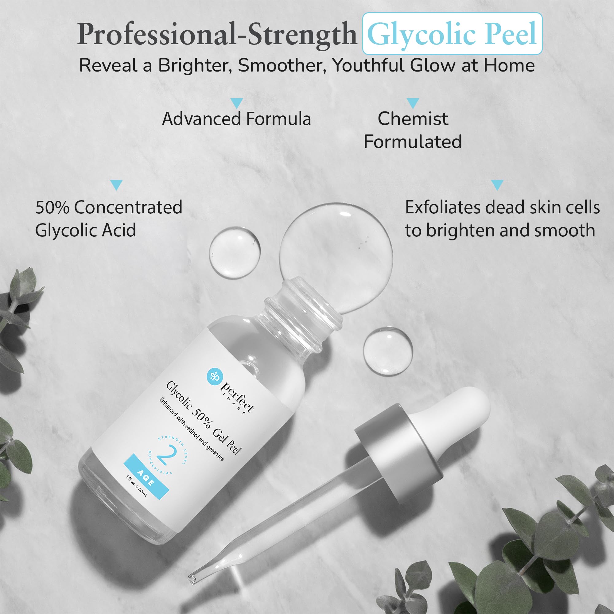 Perfect Image Glycolic Acid 50% gel peel texture close-up shows rich exfoliating consistency.