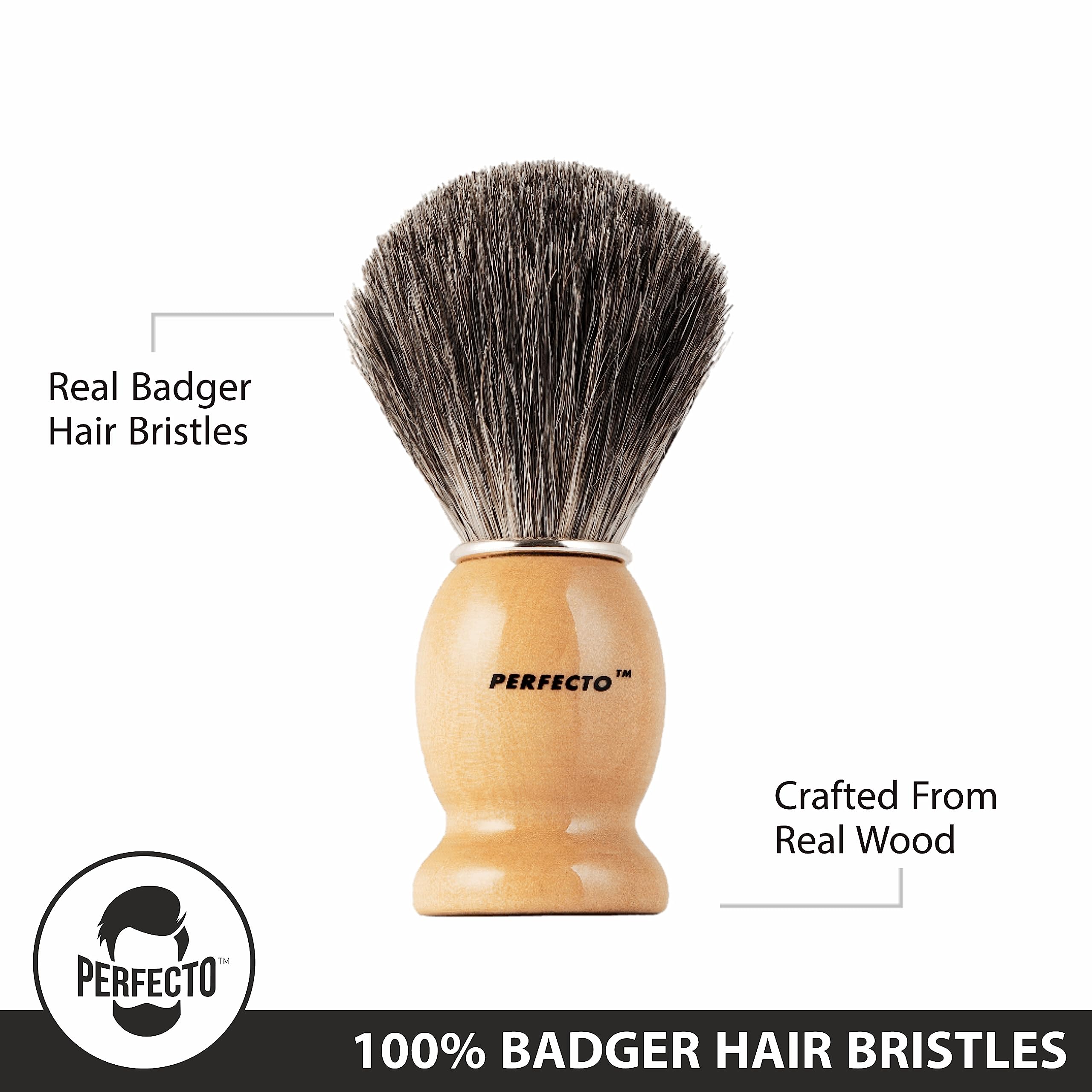 Perfecto Shaving Brush handle design shown for comfortable, balanced grip.