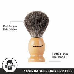 Perfecto Shaving Brush handle design shown for comfortable, balanced grip.