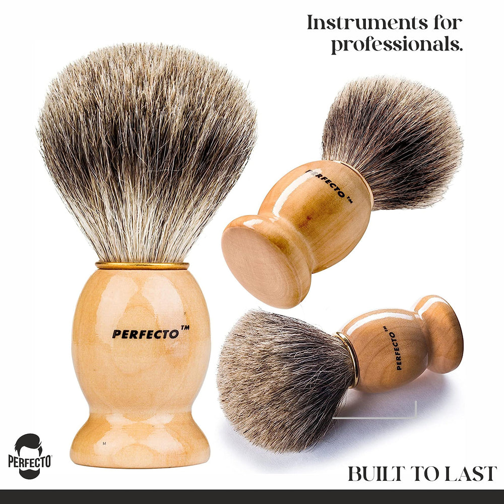 Perfecto Badger Shaving Brush creates luxurious lather on skin.