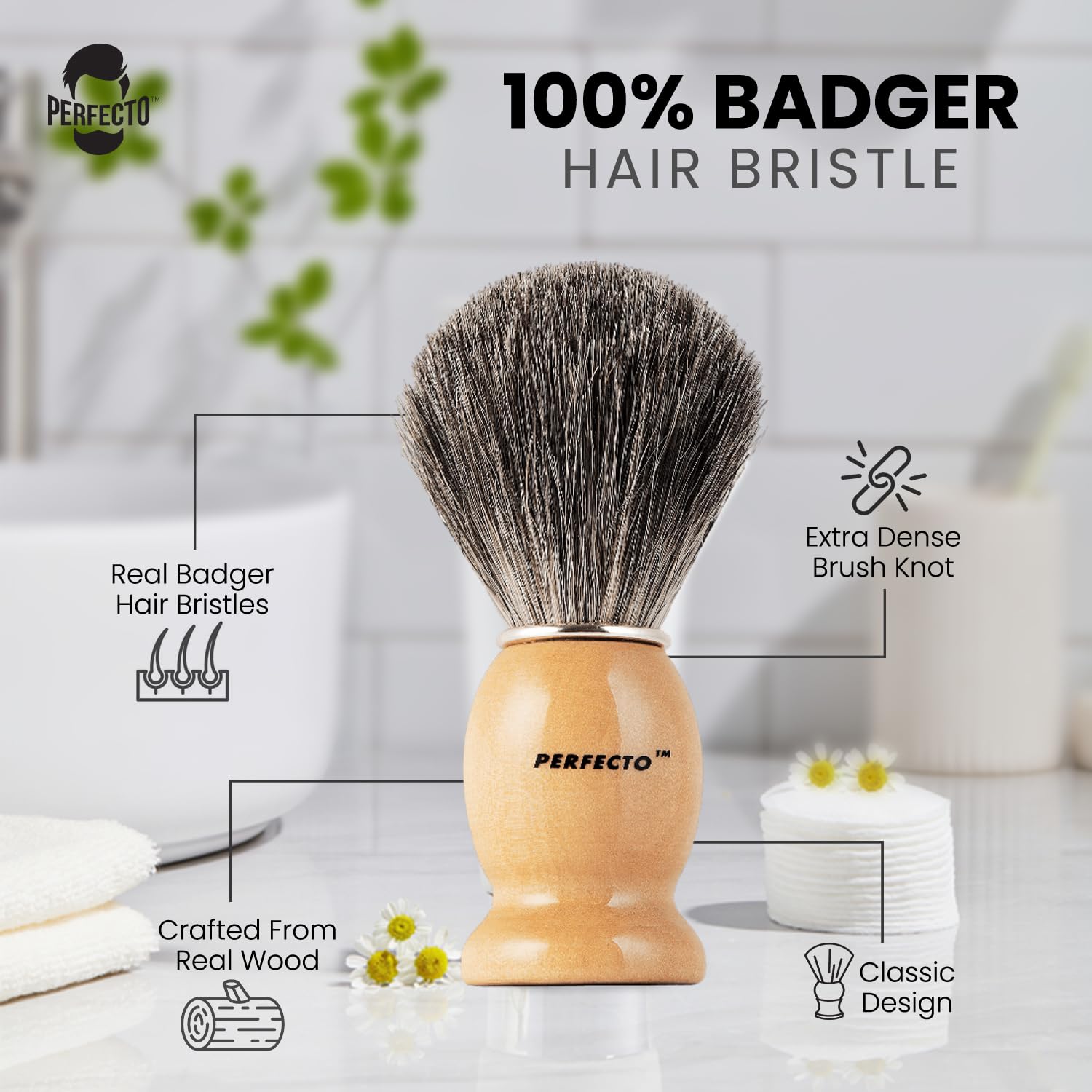 Perfecto Badger Shaving Brush soft bristles provide gentle exfoliation.
