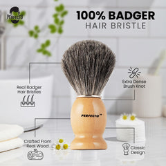 Perfecto Badger Shaving Brush soft bristles provide gentle exfoliation.