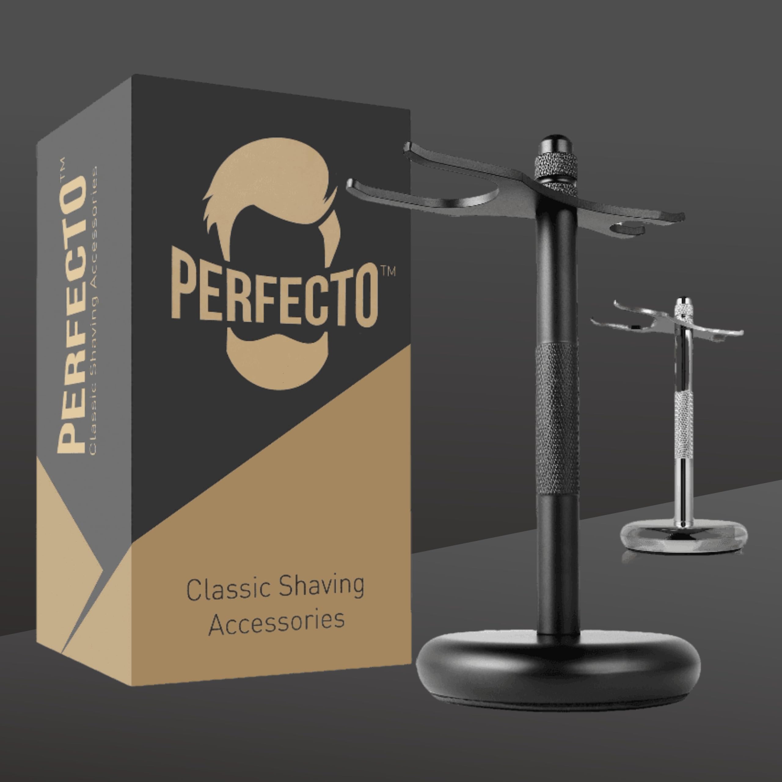Perfecto Deluxe Stand helps air-dry brushes for ready-to-use shaves.