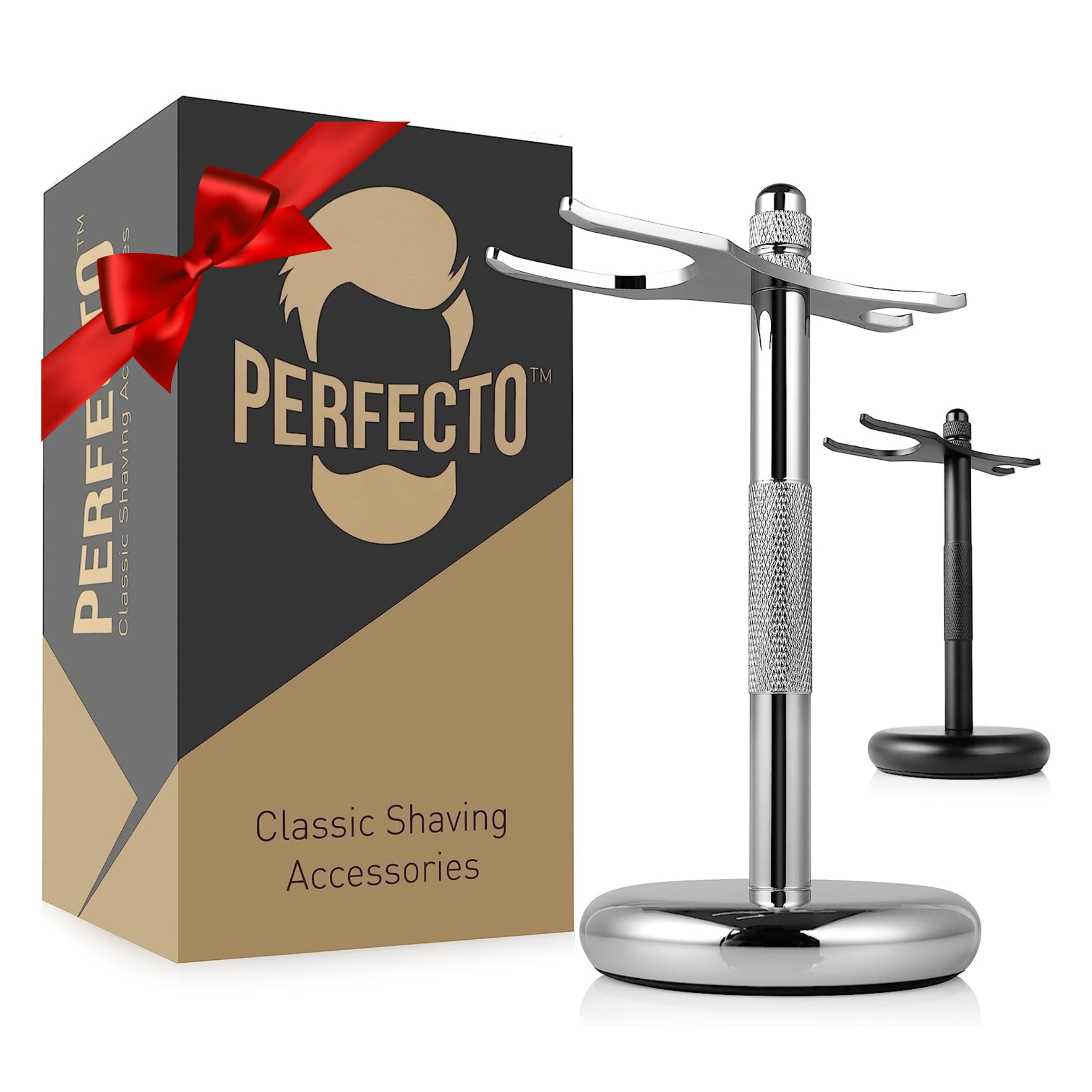 Perfecto Deluxe chrome stand top view showing elegant storage for razor and brush