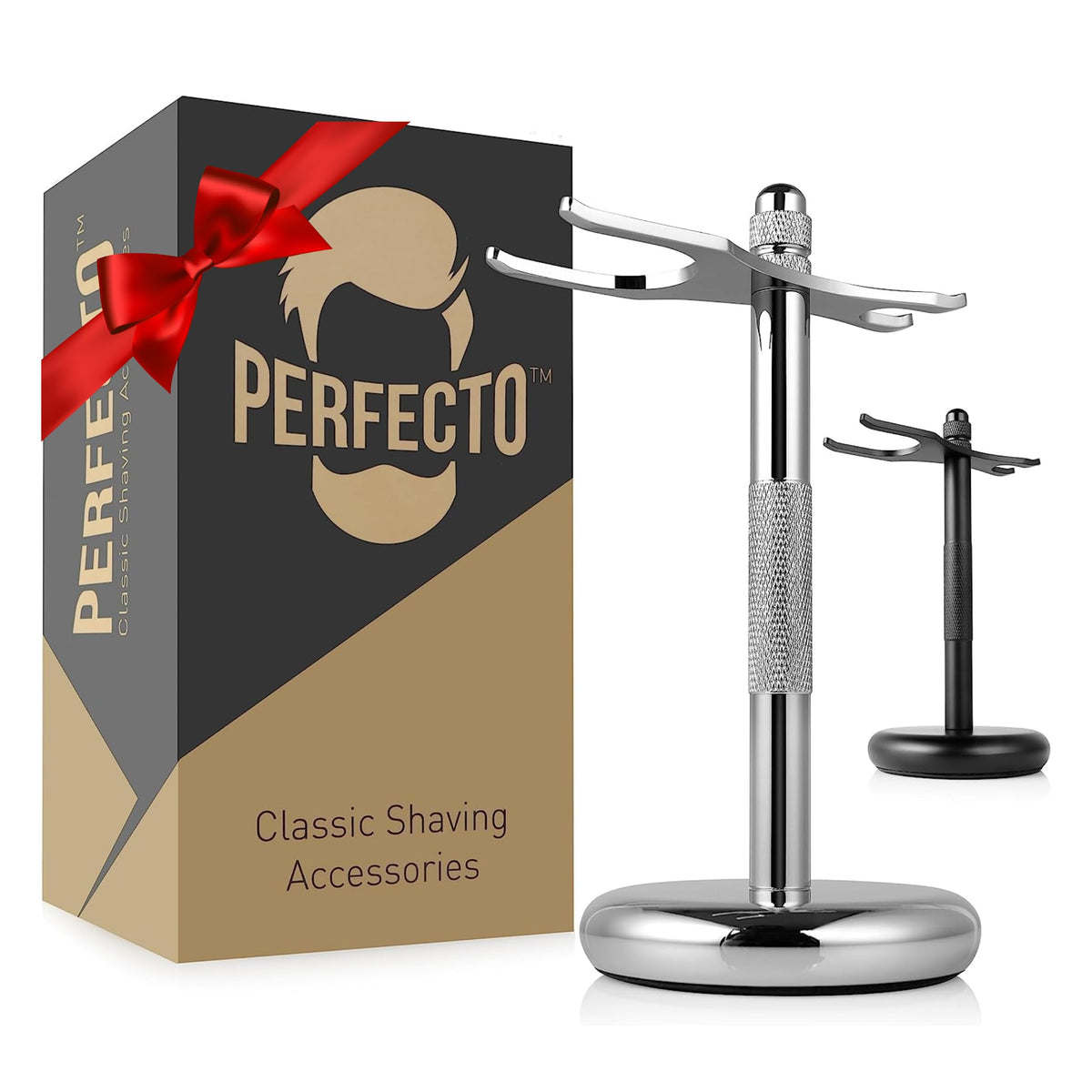 Perfecto Deluxe chrome stand top view showing elegant storage for razor and brush