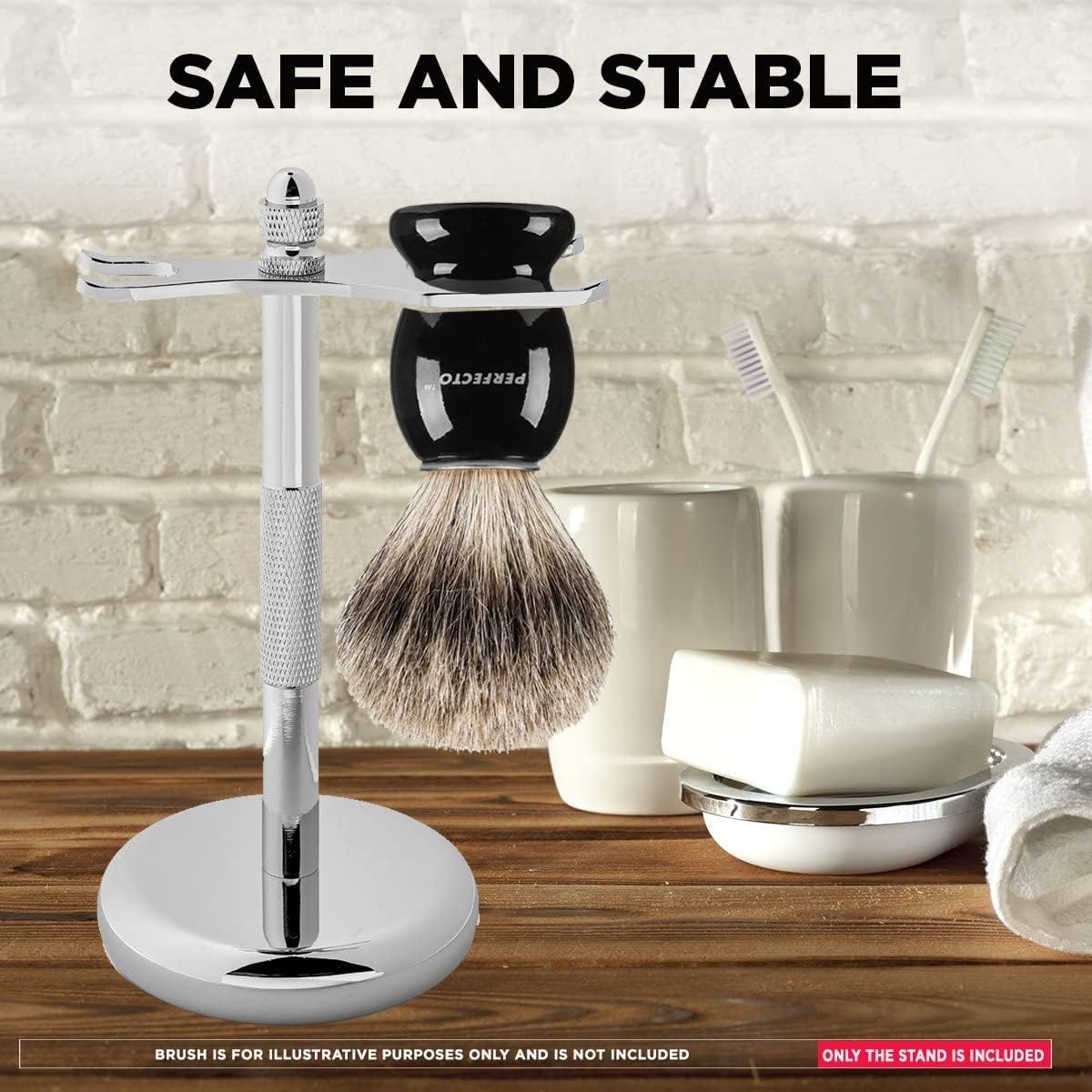 Perfecto Deluxe chrome stand front view shows easy opening for brushes and razors