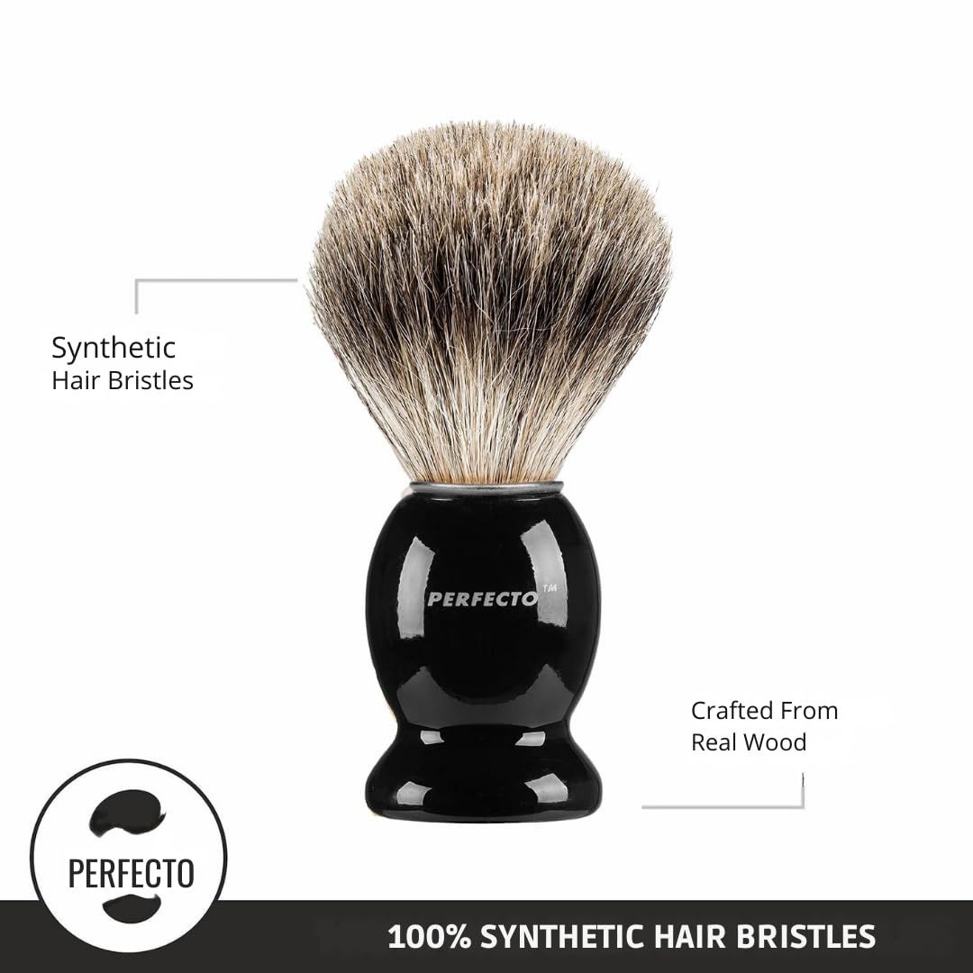 Perfecto ergonomic-handle shaving brush provides comfortable grip and precise control.