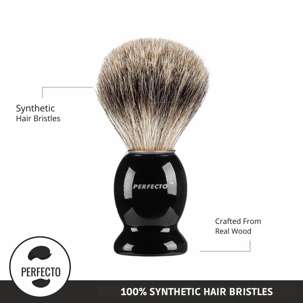 Perfecto ergonomic-handle shaving brush provides comfortable grip and precise control.