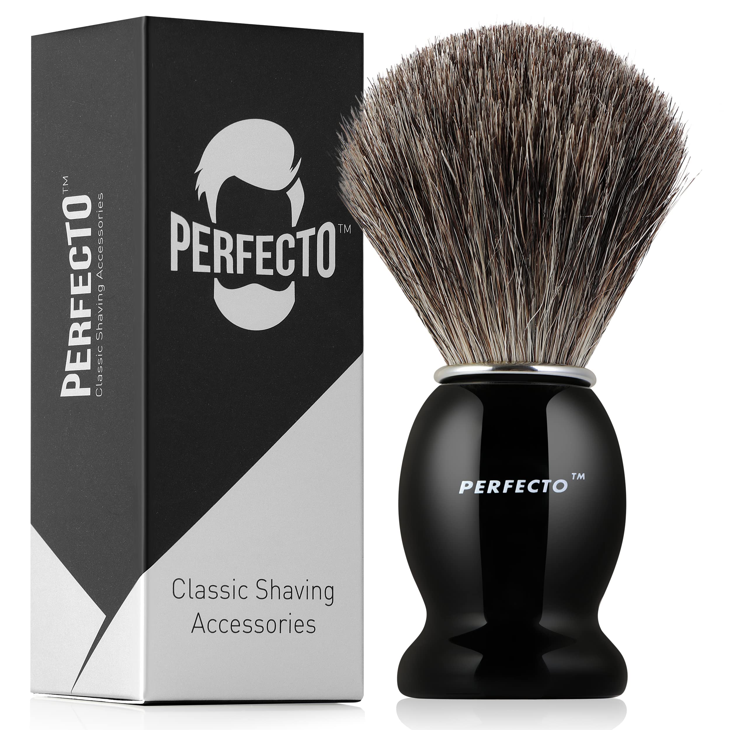 Perfecto synthetic shaving brush with ultra-soft bristles for gentle, even lather.