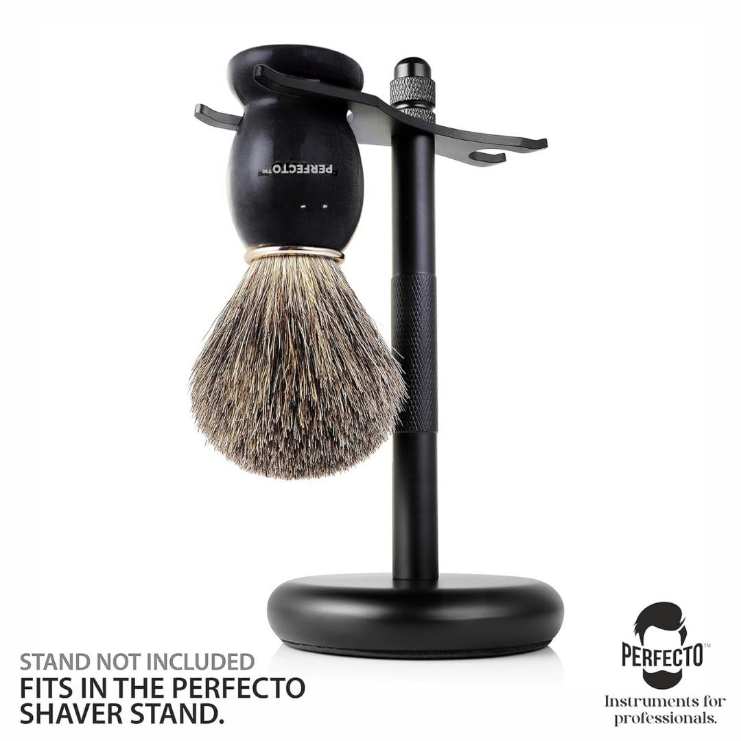 Perfecto wooden-handle shaving brush offers a luxurious feel in hand during routines.