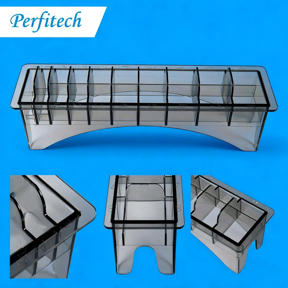 Perfitech guard organizer fits neatly beside the clipper station in small spaces.