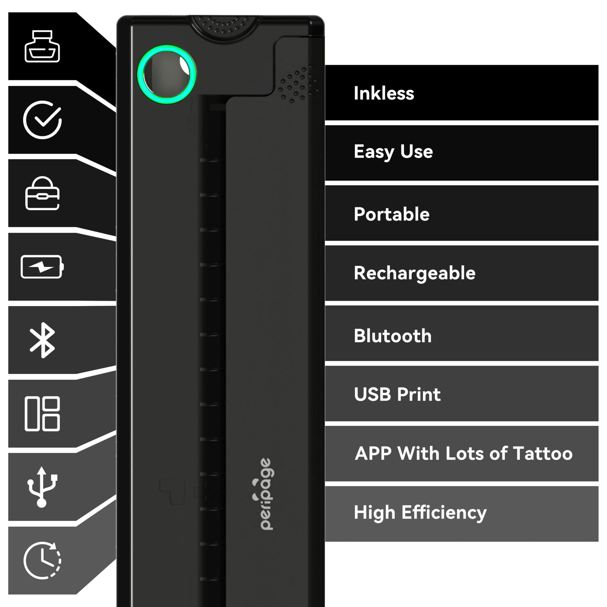 PeriPage P90 battery compartment image shows 2000mAh power for mobile sessions.