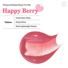 Peripera Ink Mood Glowy Tint Happy Berry applicator on lips for smooth, comfortable wear.