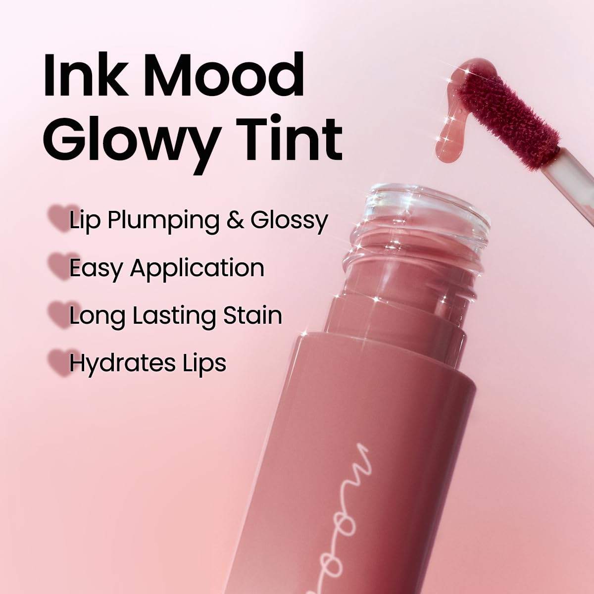 Peripera Ink Mood Glowy Tint Rosy Wish swatch on lips with soft glow