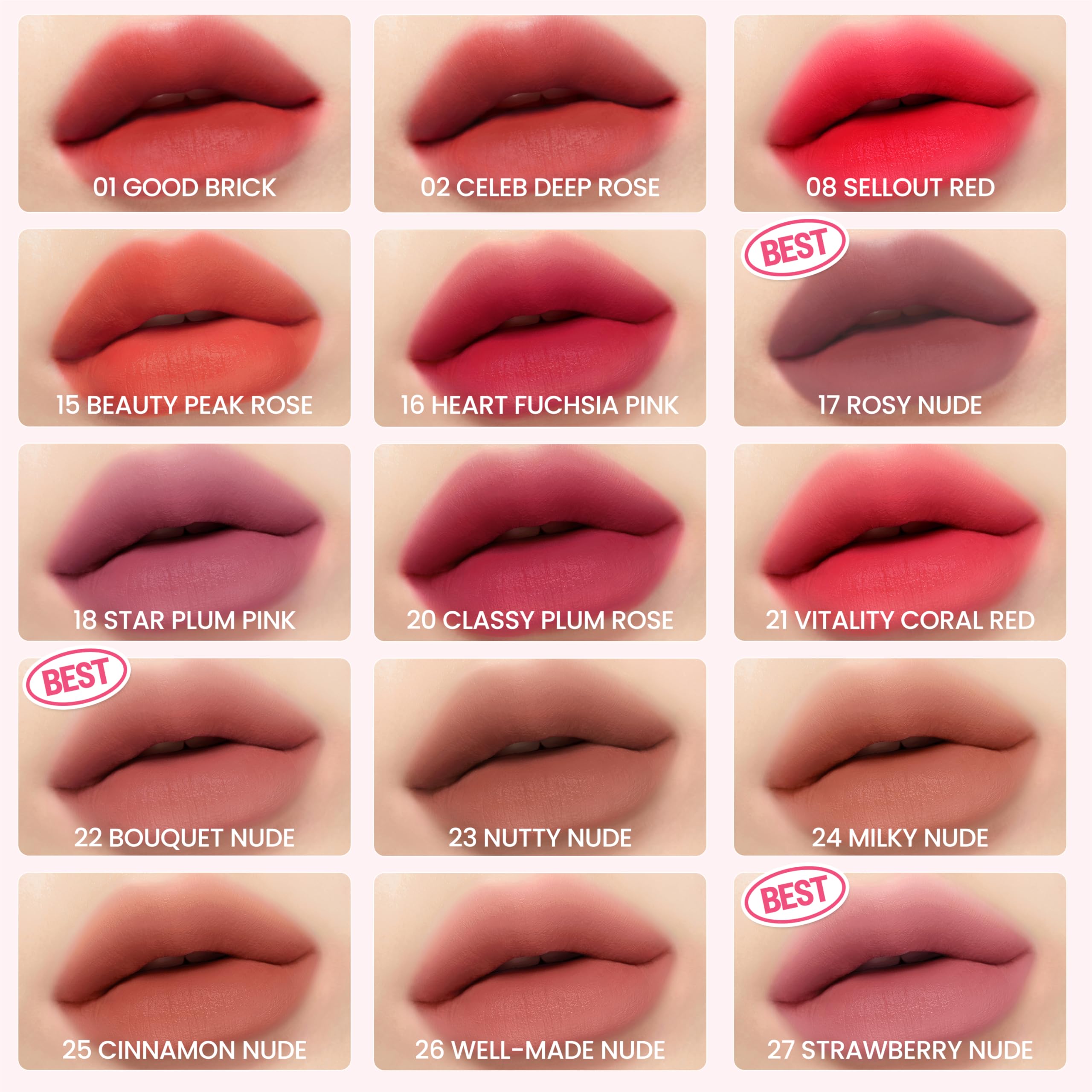 Peripera Ink the Velvet Lip Tint Rosy Nude on lips shows warm, natural tone